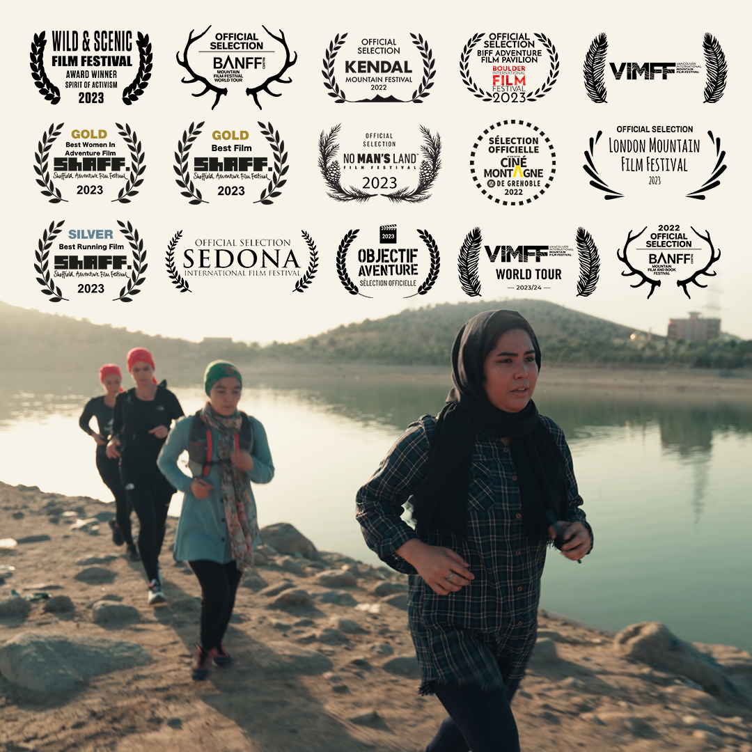 Afghan women running with Stephanie Case in Kabul, Afghanistan, just days before the Taliban took over the country in 2021, as featured in the award-winning documentary, Free to Run