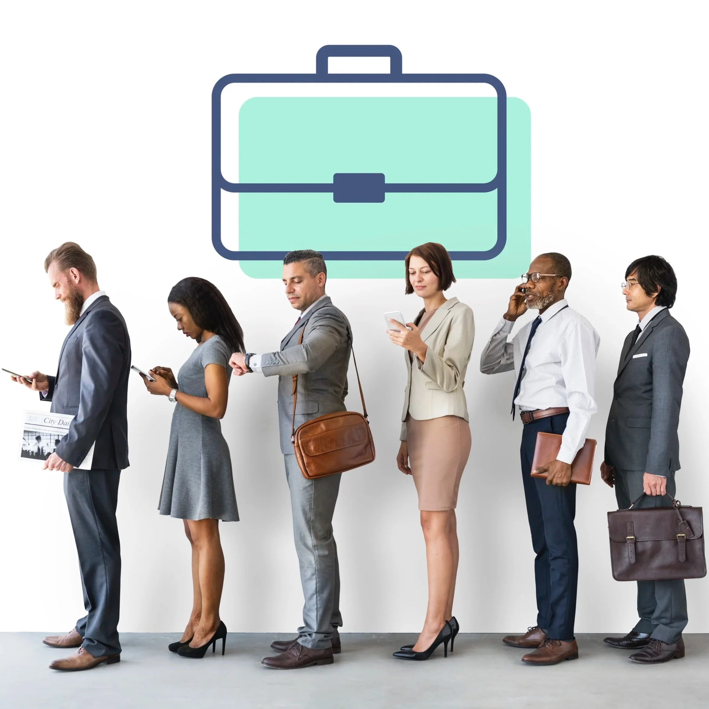 Six business professionals are standing in a line, all looking at their phones, with a large briefcase icon in the background.