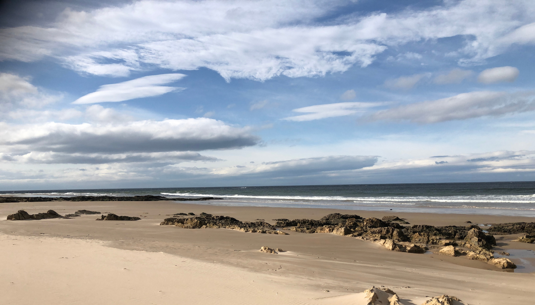 Sandy beach with rocks and the ocean, under a partly cloudy sky.