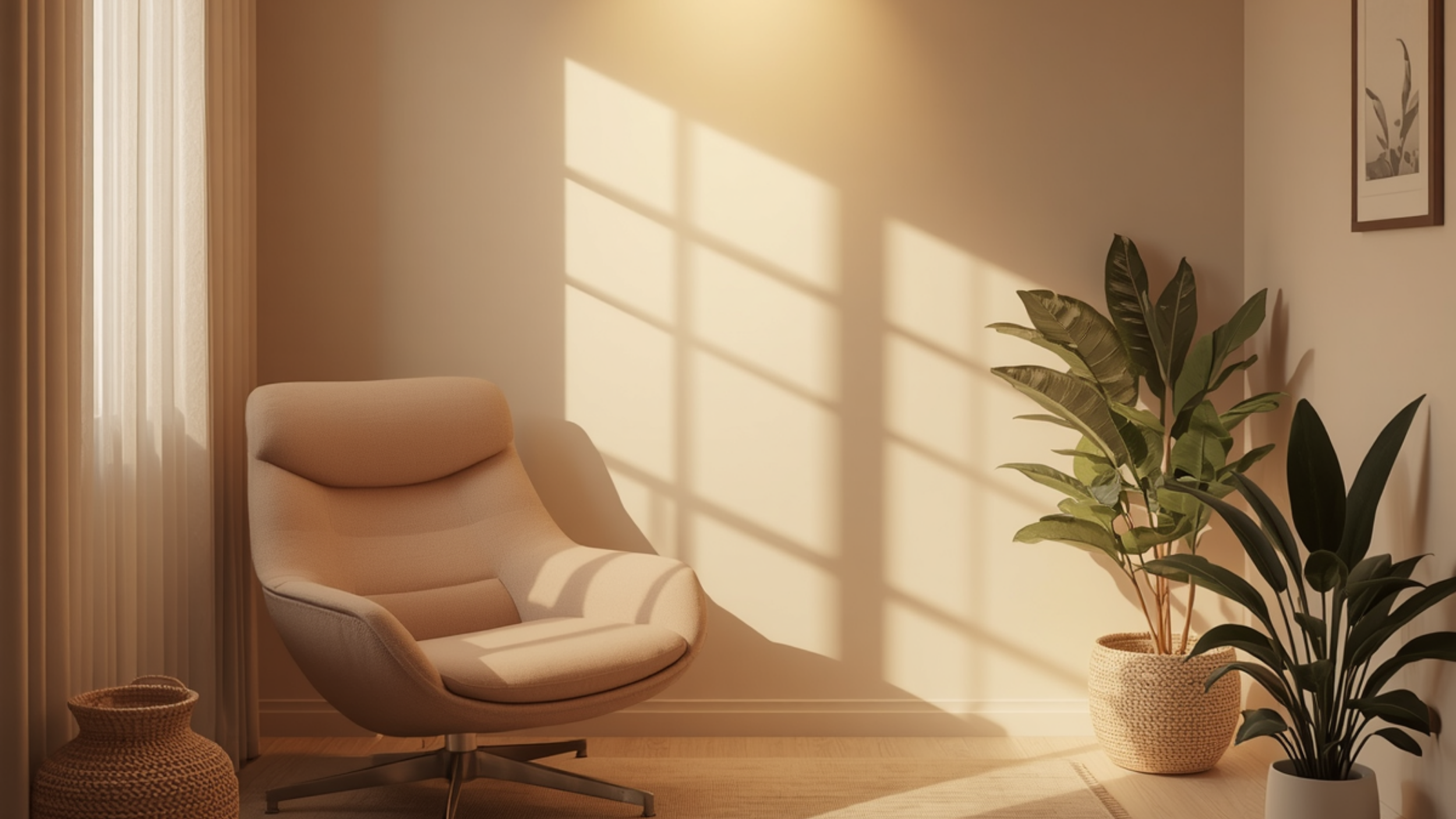 Sunlit cozy living room corner with modern beige lounge chair, potted plants, woven basket, framed botanical art, and warm neutral decor.