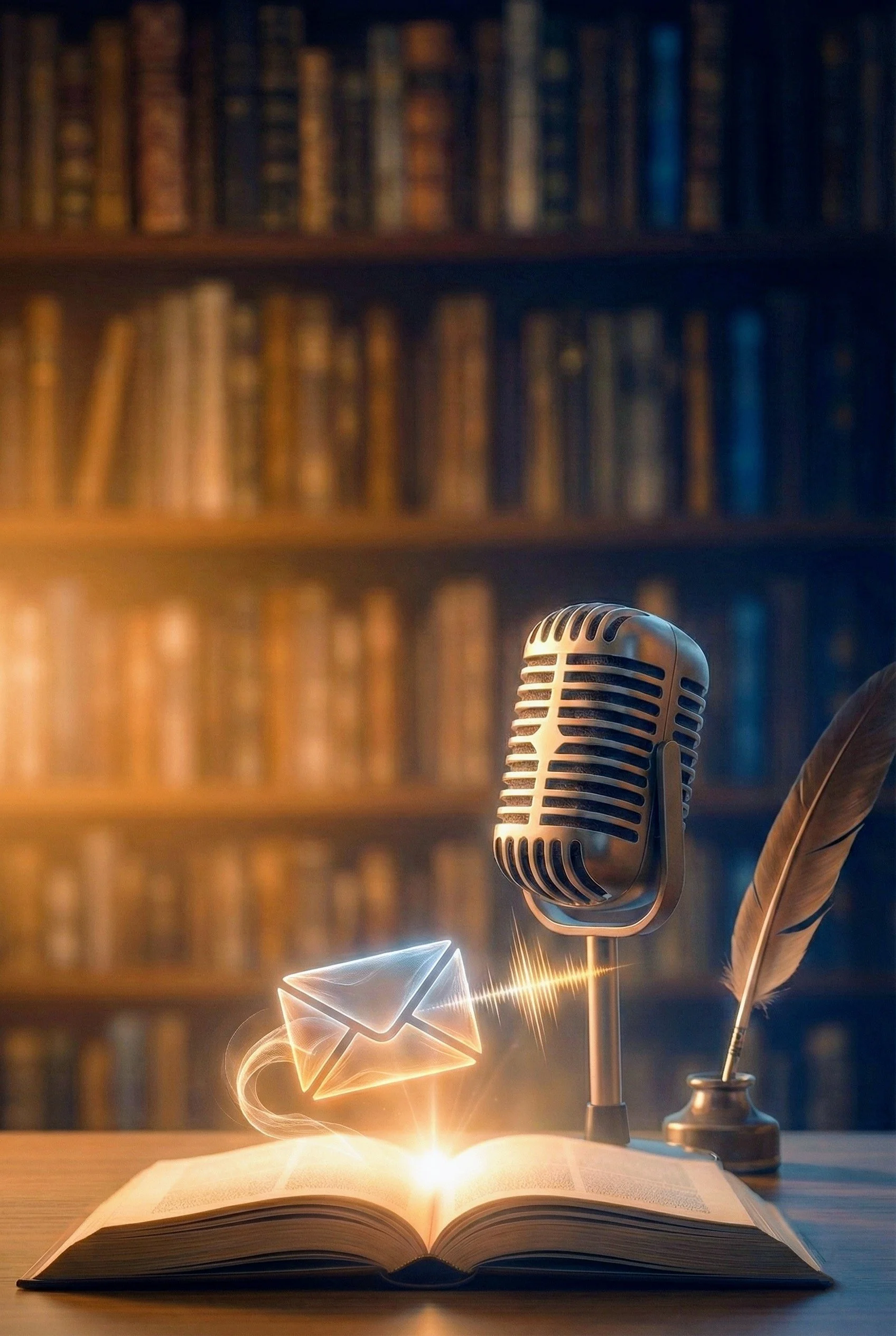 An open book with a glowing envelope icon and sound wave illustration hovering above it. A vintage microphone and a quill in an inkwell are on the table, with a blurred bookshelf in the background.