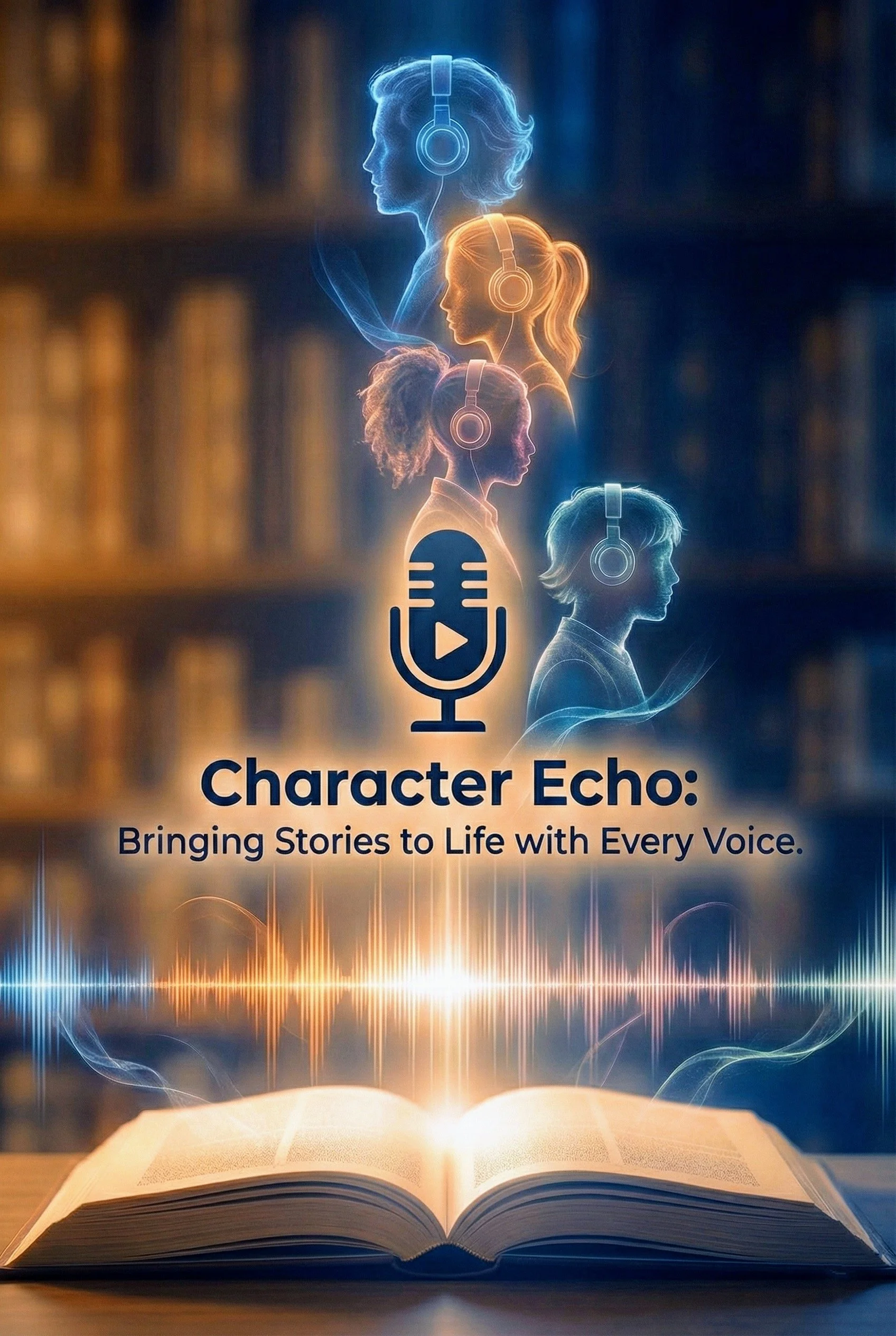 Open book with glowing silhouettes of four women with headphones above it, each in different colors, and sound waves radiating from the book. Text says 'Character Echo: Bringing Stories to Life with Every Voice.'