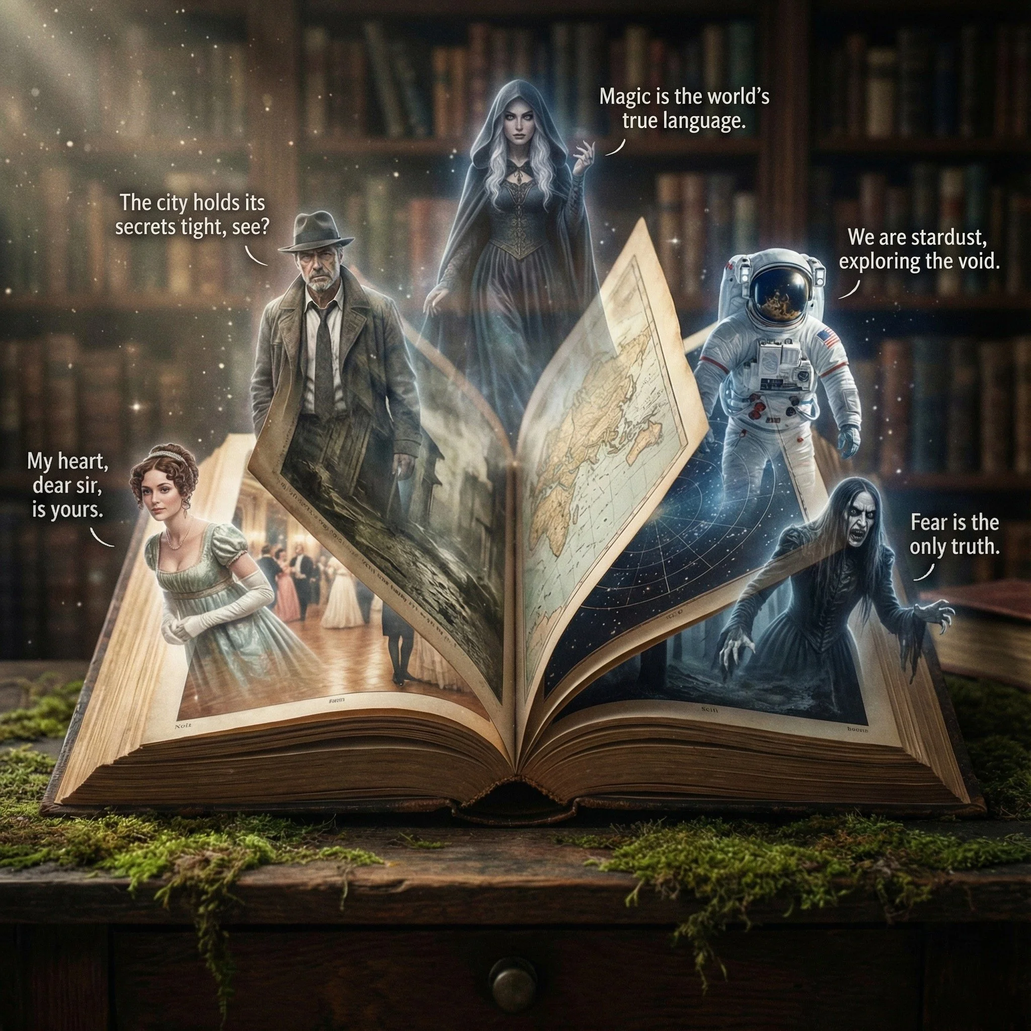An open book with illustrations of fictional characters emerging from the pages, including a woman in a dress, a man with a hat, a wizardly woman, an astronaut, and a ghostly figure. Each character has a speech bubble with inspirational or philosophical quotes.