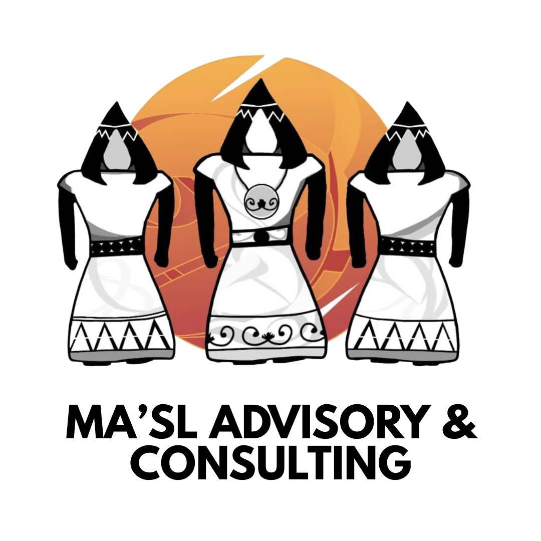 Illustration of three women with black hair, wearing traditional dresses and tribal accessories. They are standing in front of an orange and red sunset background with mountains and trees. The text below says "MA'SL ADVISORY & CONSULTING."
