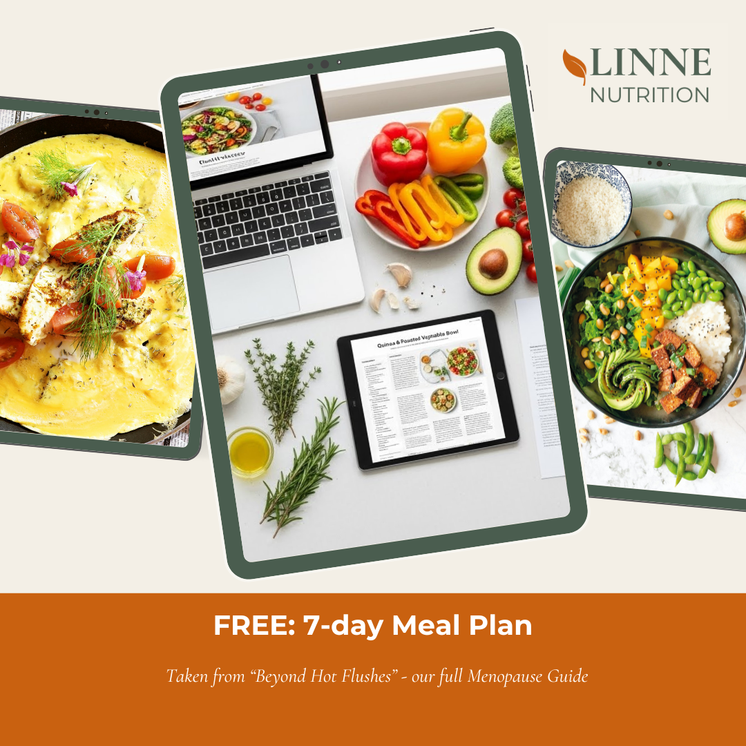 A promotional graphic for Linne Nutrition advertising a free 7-day meal plan, featuring images of healthy meals, fresh vegetables, and digital devices displaying recipes and nutrition information.