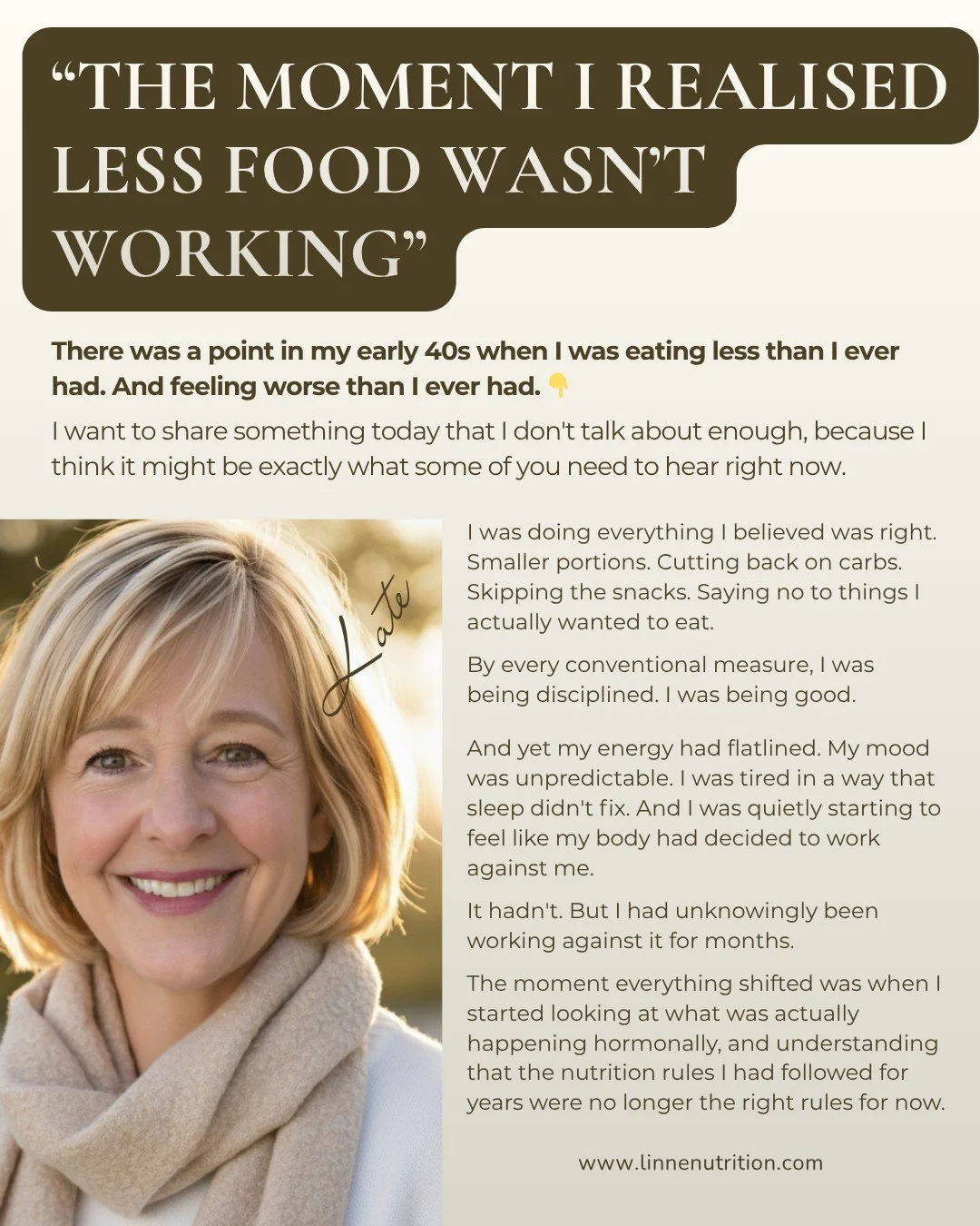 &ldquo;The Moment I Realised Less Food Wasn&rsquo;t Working&rdquo;

#womenover40 #healthyaging #balancedliving #agingwell
#womenshealth #linnenutrition #womenwhothrive