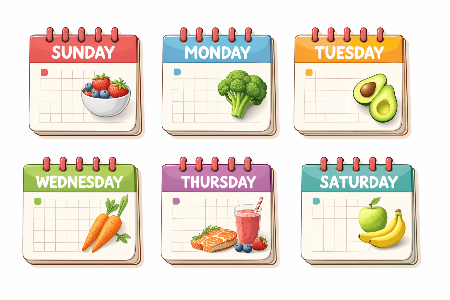 Weekly meal planner with colorful tabs for each day, featuring illustrations of healthy foods for each day: strawberries and blueberries for Sunday, broccoli for Monday, avocados for Tuesday, carrots for Wednesday, a salmon fillet with berries for Thursday, and an apple with bananas for Saturday.