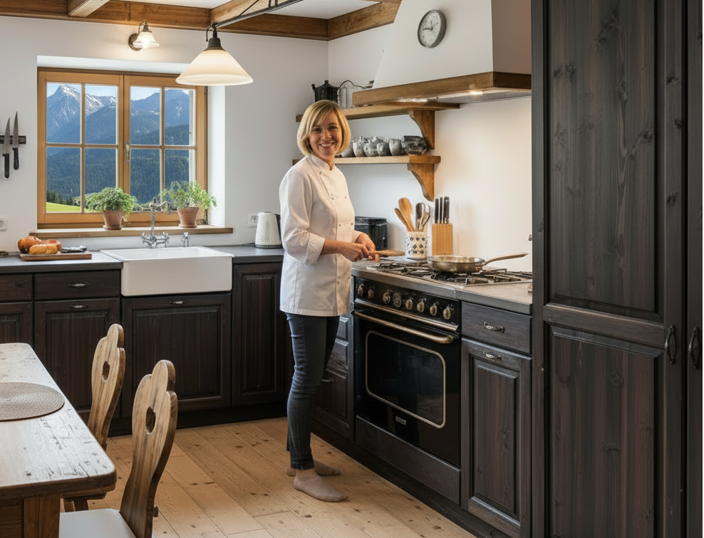 A woman in a white chef's jacket baking in a rustic kitchen with dark cabinets, wooden shelves, and a mountain view through the window.