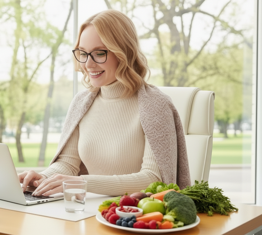 Woman in glasses smiling at a laptop with a plate of fruits and vegetables, a glass of water, and a light brown sweater draped over her shoulders in front of a window with greenery outside.