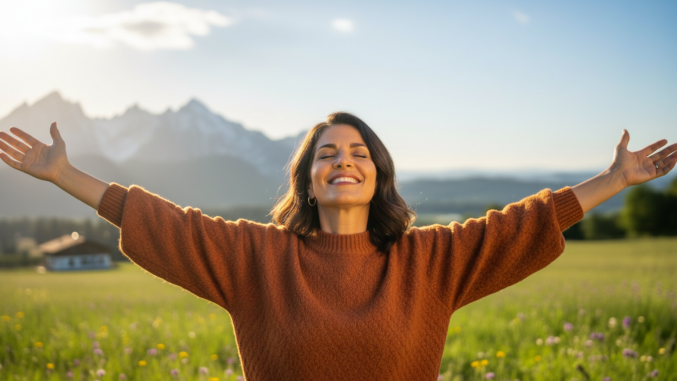 A woman standing in a green field with mountains in the background, smiling with arms outstretched in the sunlight.
