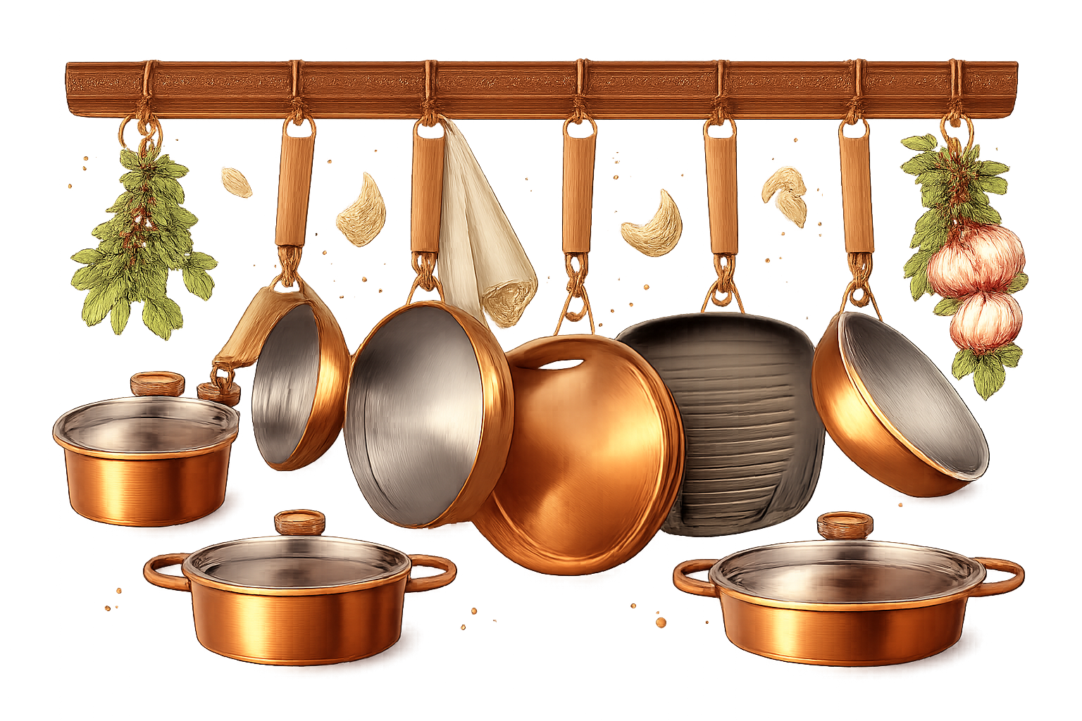 Kitchen rack with hanging herbs, garlic, and wooden spoons, copper and stainless steel pots and pans arranged in front.