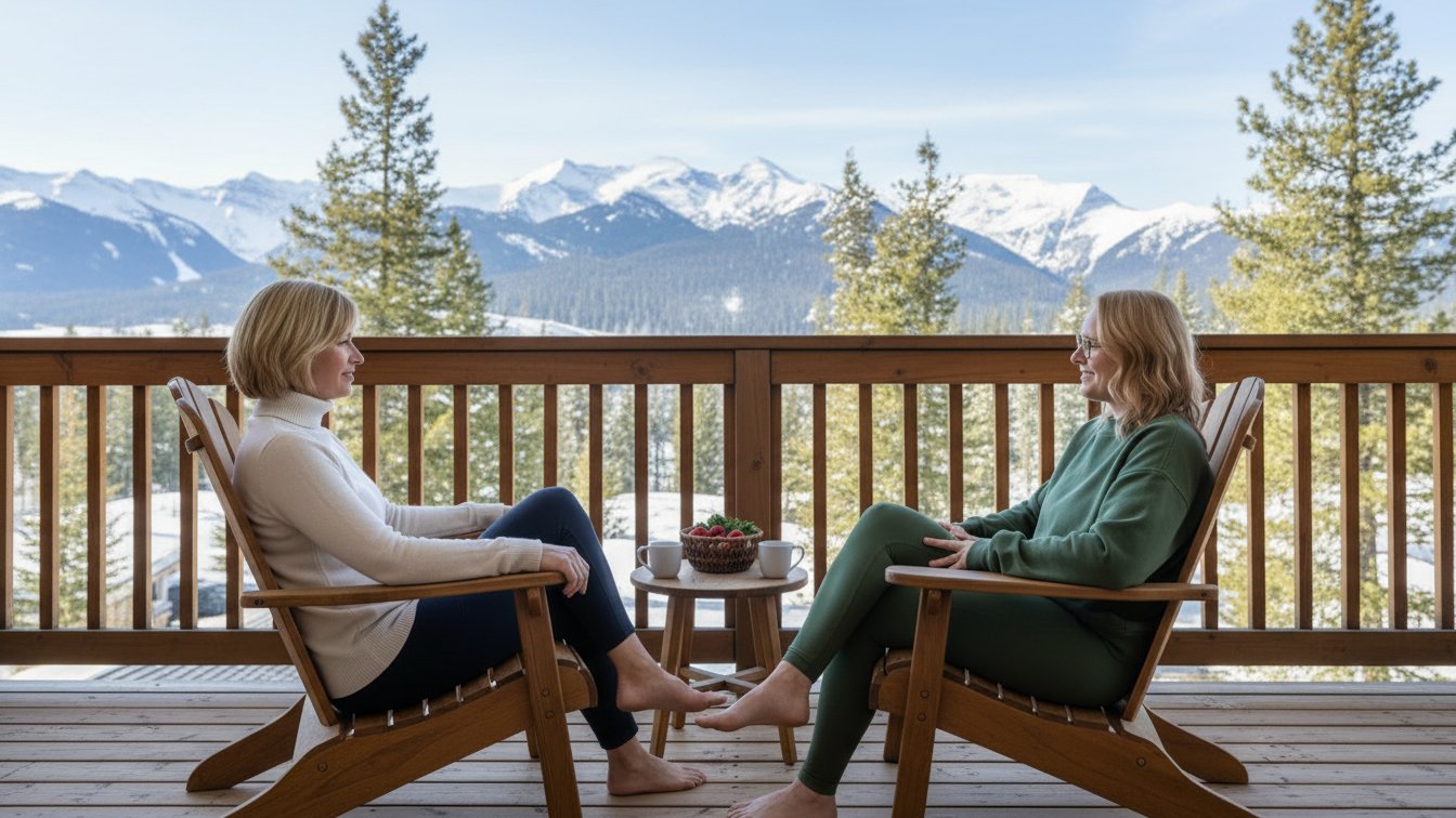 Two women sitting on a wooden deck with mountain view, engaged in conversation, coffee and snacks on a small table.