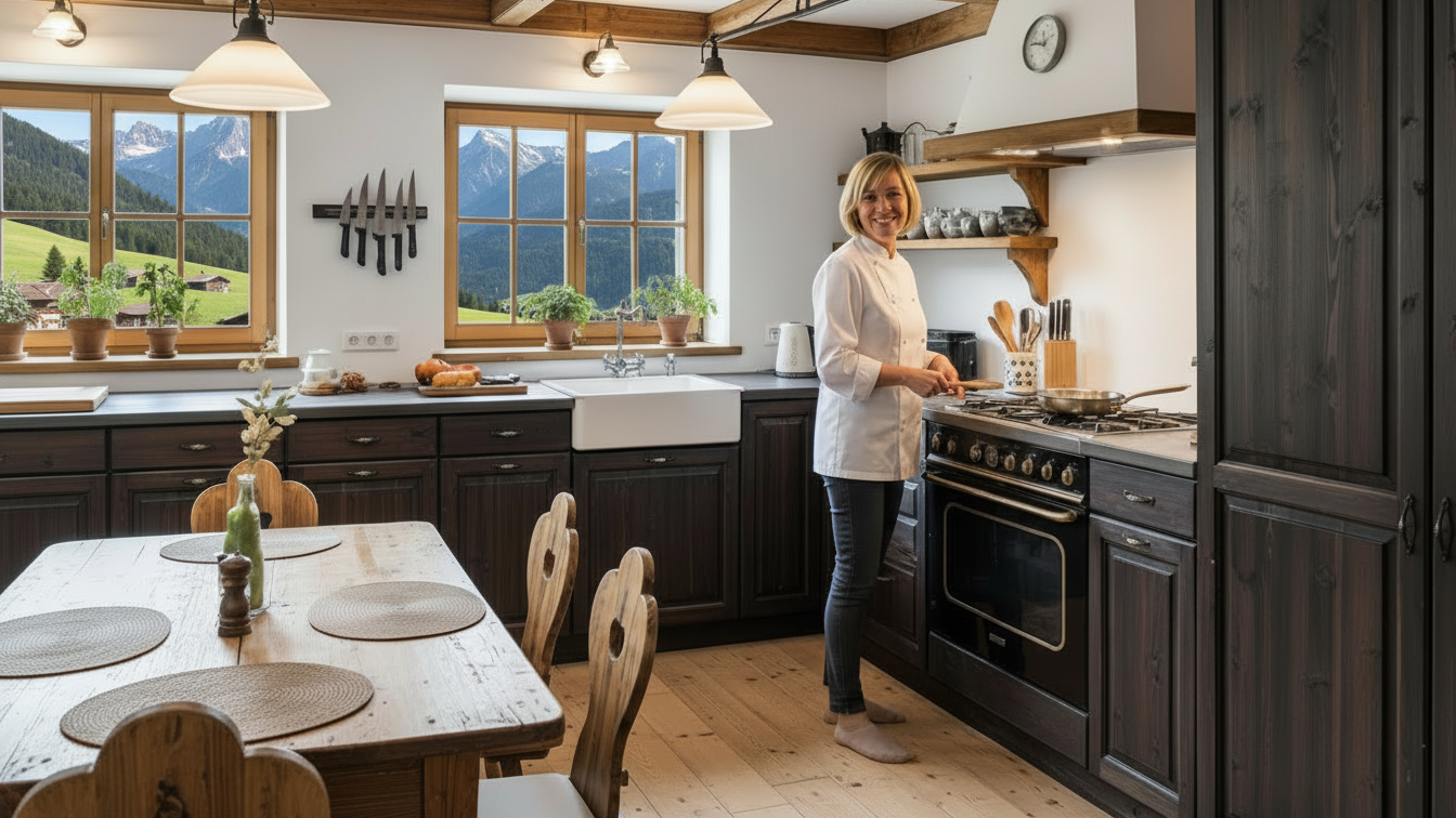 A woman in a white chef's coat cooking in a rustic kitchen with wooden cabinets, large windows showing a mountain landscape, and a wooden dining table with placemats and a decorative vase.