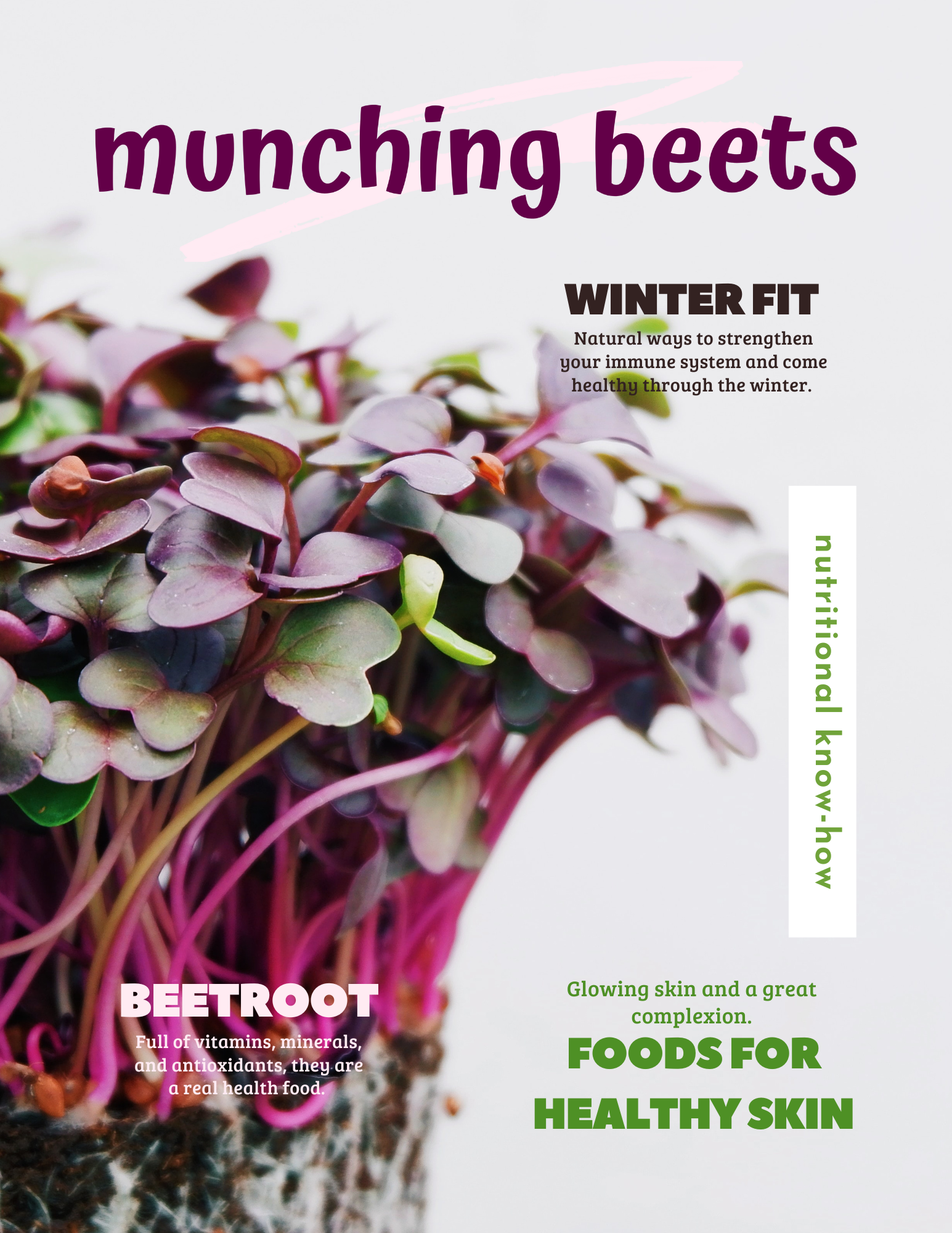Close-up of a bunch of purple and green microgreens, with text overlay promoting their health benefits for skin and immune support.