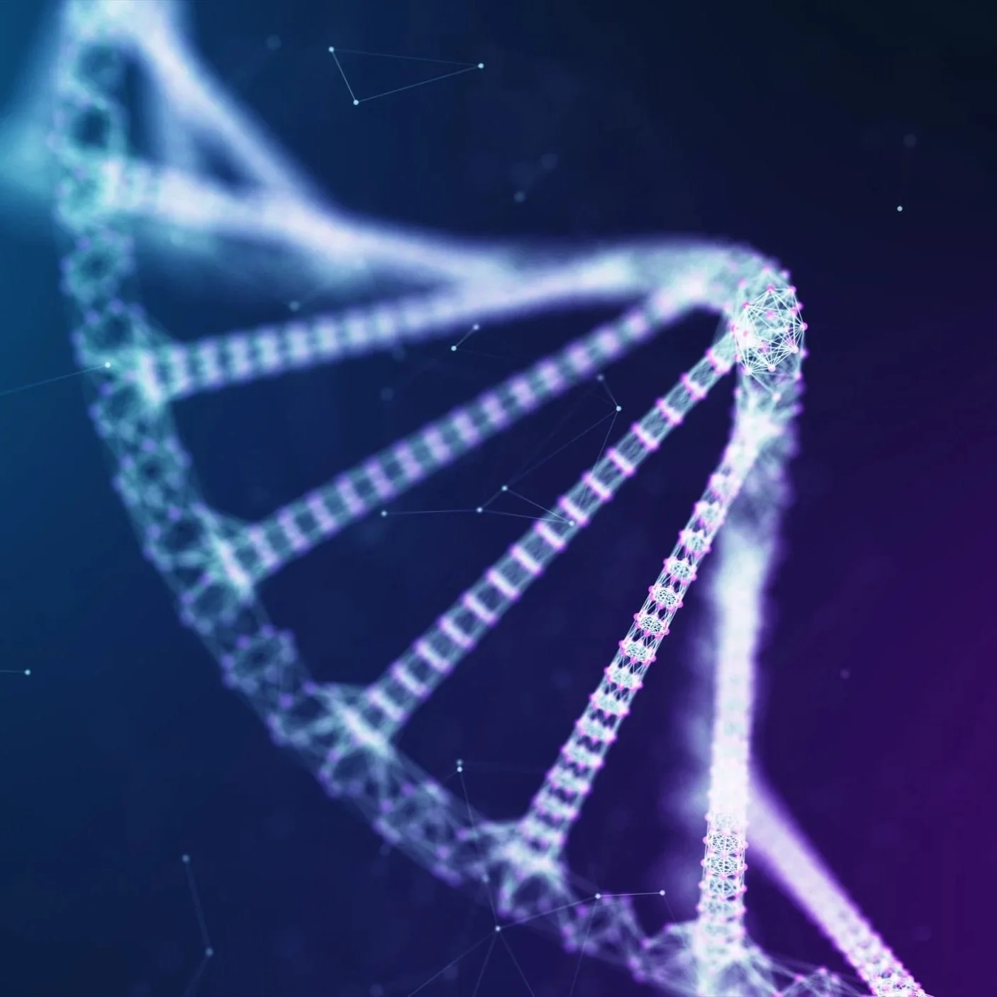Digital illustration of a DNA double helix strand made of glowing network-like web and bright points set against a dark background with small connecting dots.