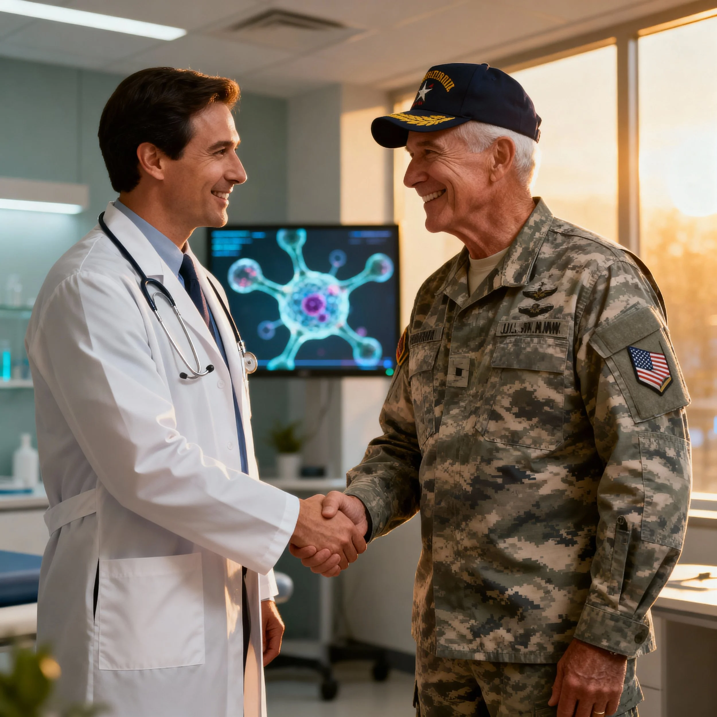A doctor in a white coat shaking hands with a military veteran in camouflage uniform inside a medical office. There is a digital display behind them showing a stylized virus.