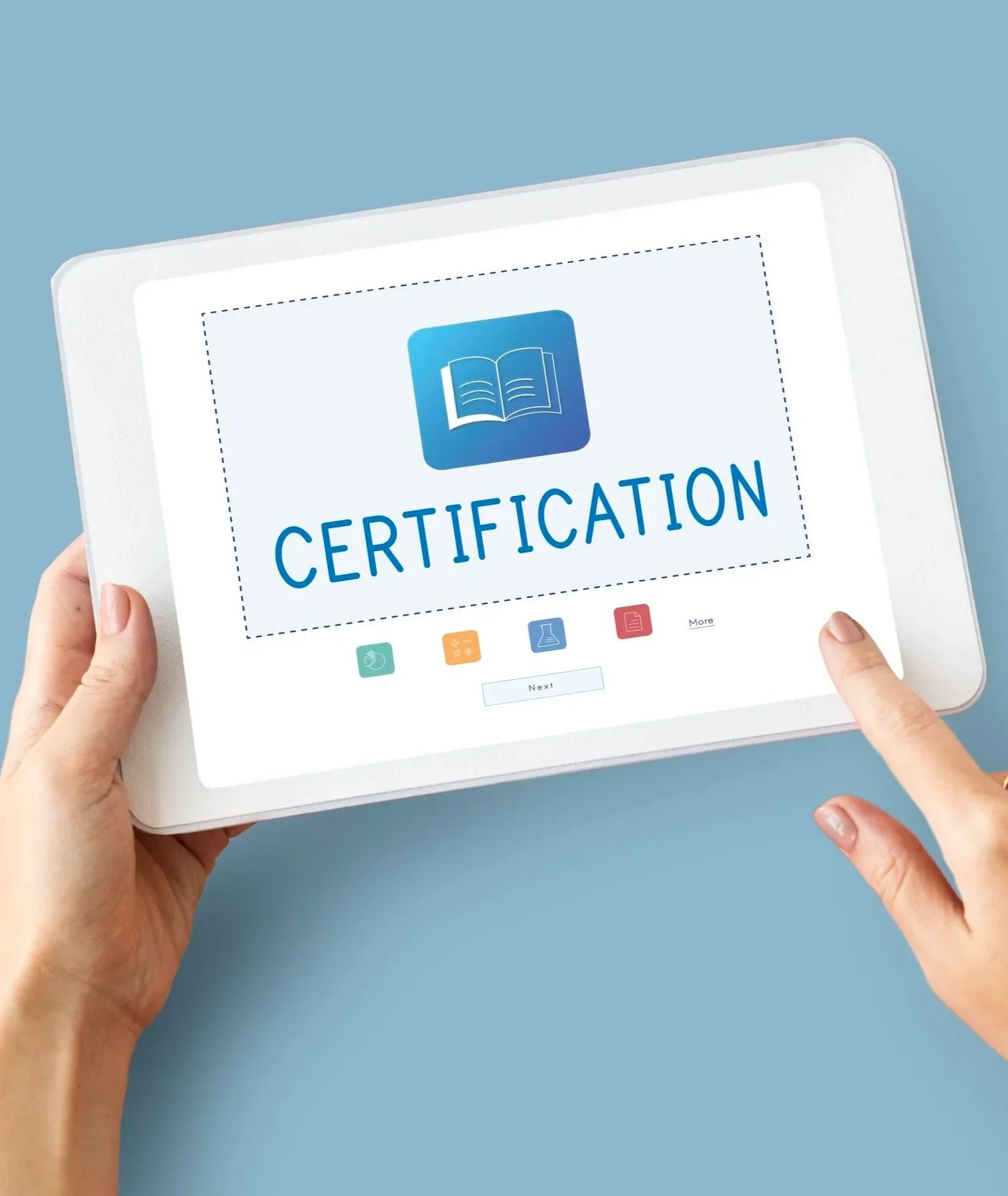 Person holding a tablet with a certification program interface on the screen.