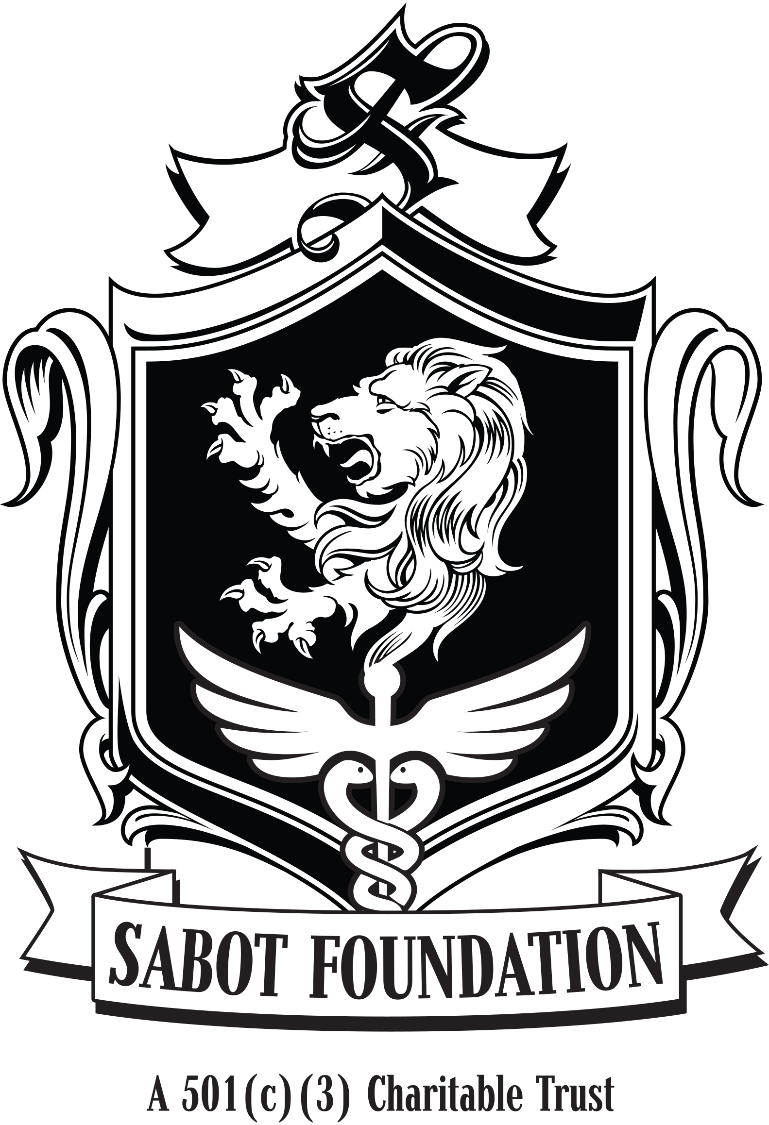 Black and white logo for Sabot Foundation with a shield featuring a lion's head, wings and a caduceus symbol, and a banner beneath reading 'Sabot Foundation'. Sometimes used for charity or educational causes.
