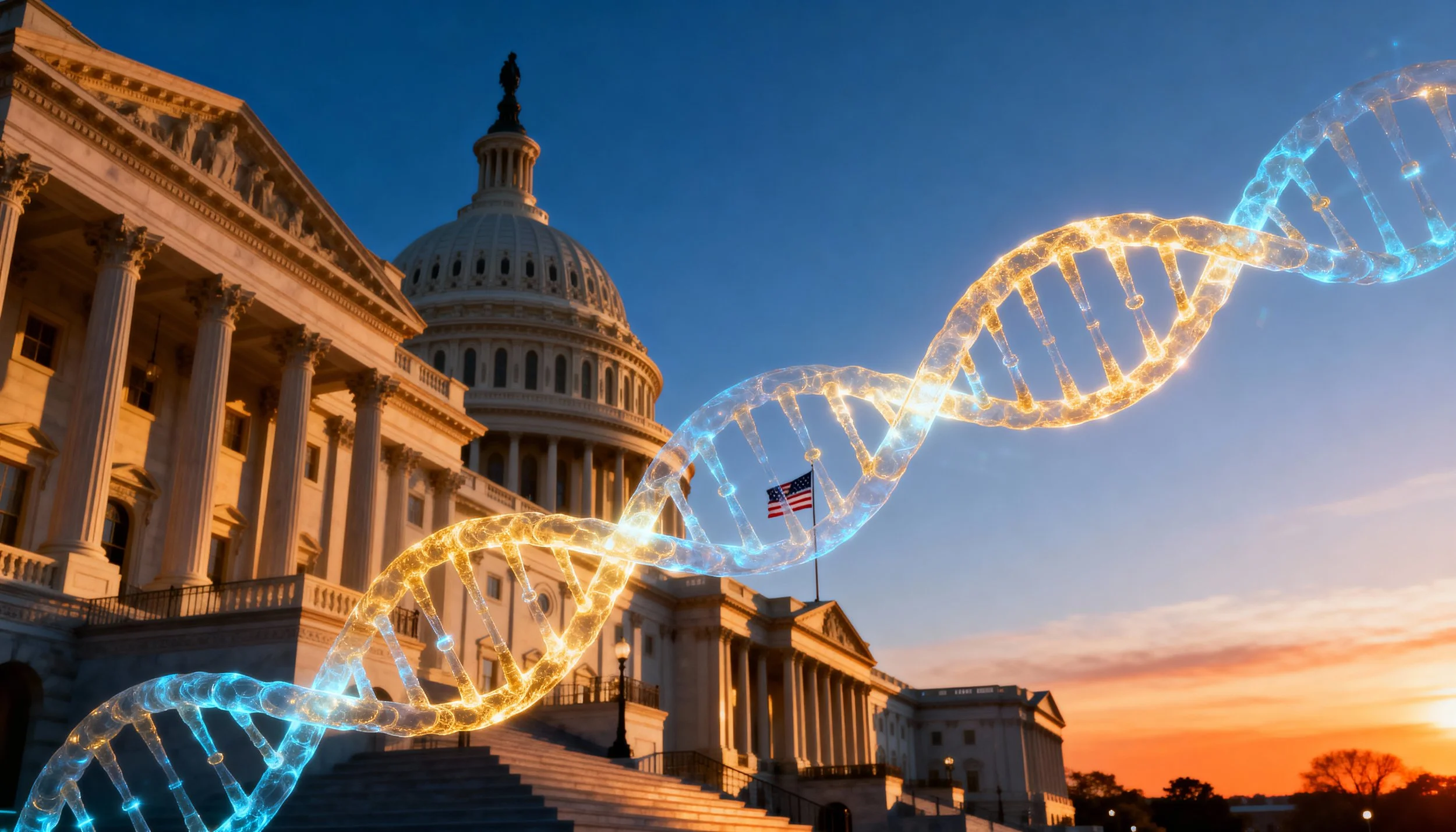 Illustration of a DNA double helix in front of the U.S. Capitol building at sunset with an American flag.