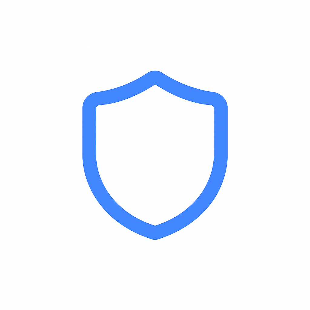 Blue outline shield icon on a white background.