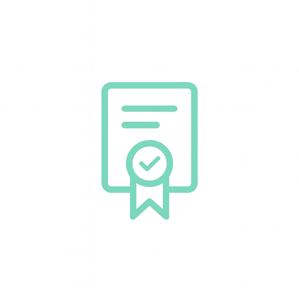 A digital icon of a certificate or award with a checkmark badge.