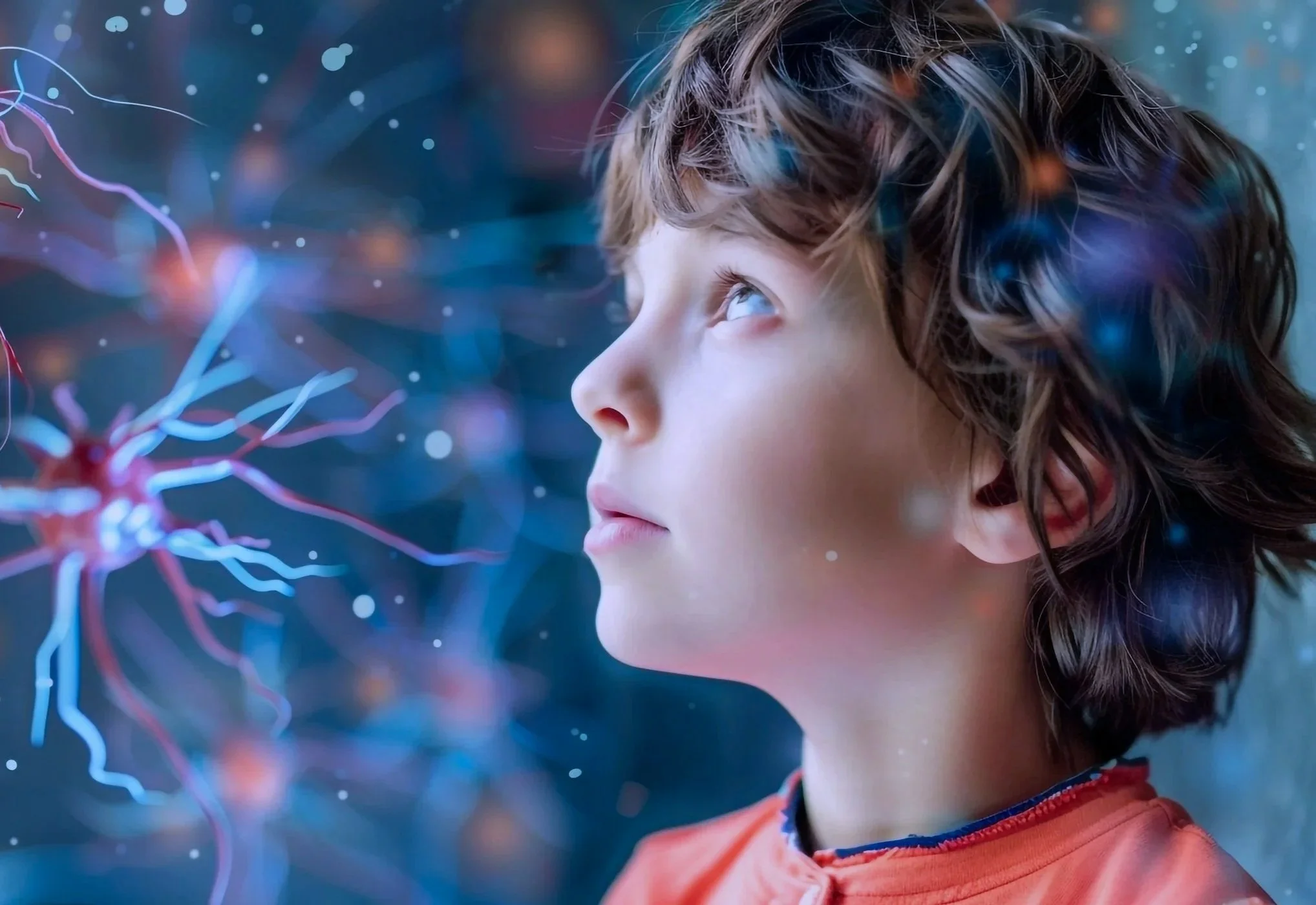 A young boy with brown wavy hair looking at glowing neural network illustrations or digital neurons in a science or technology-themed setting.