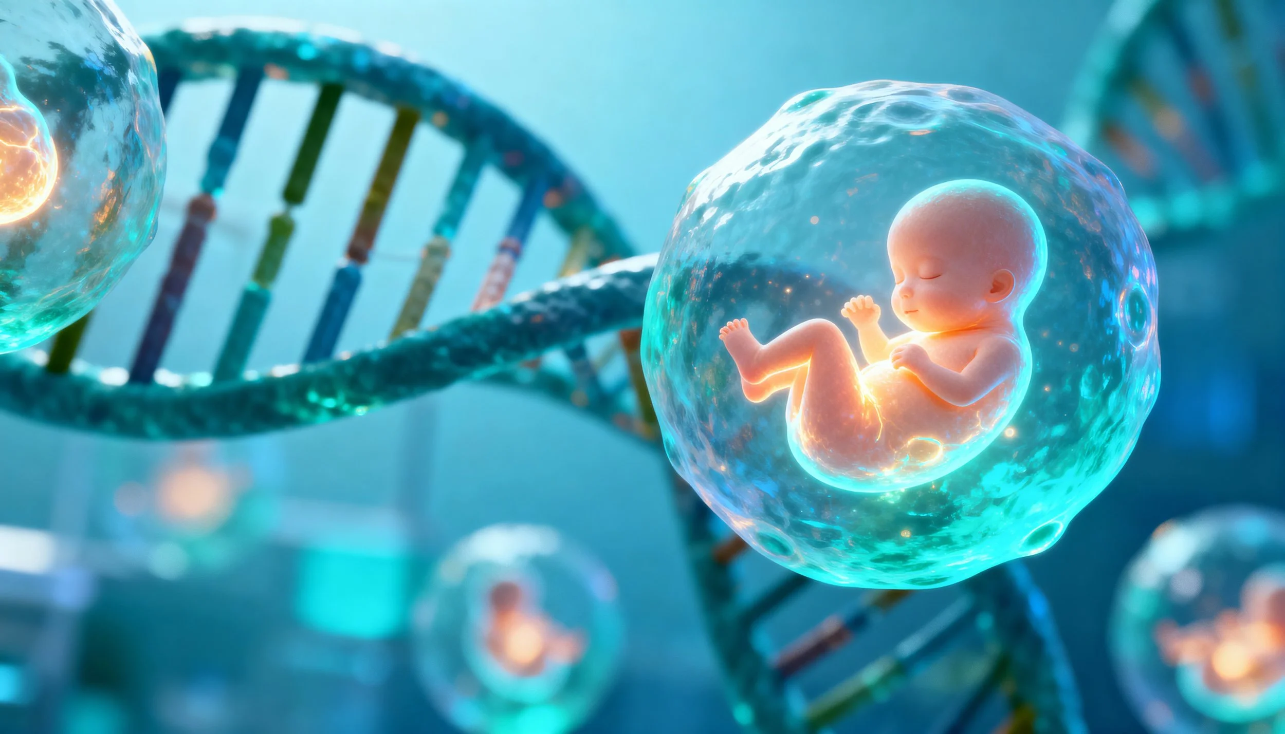 A digital illustration of a fetus inside a transparent embryo within a glowing water-like sphere, against a backdrop of DNA double helix strands.