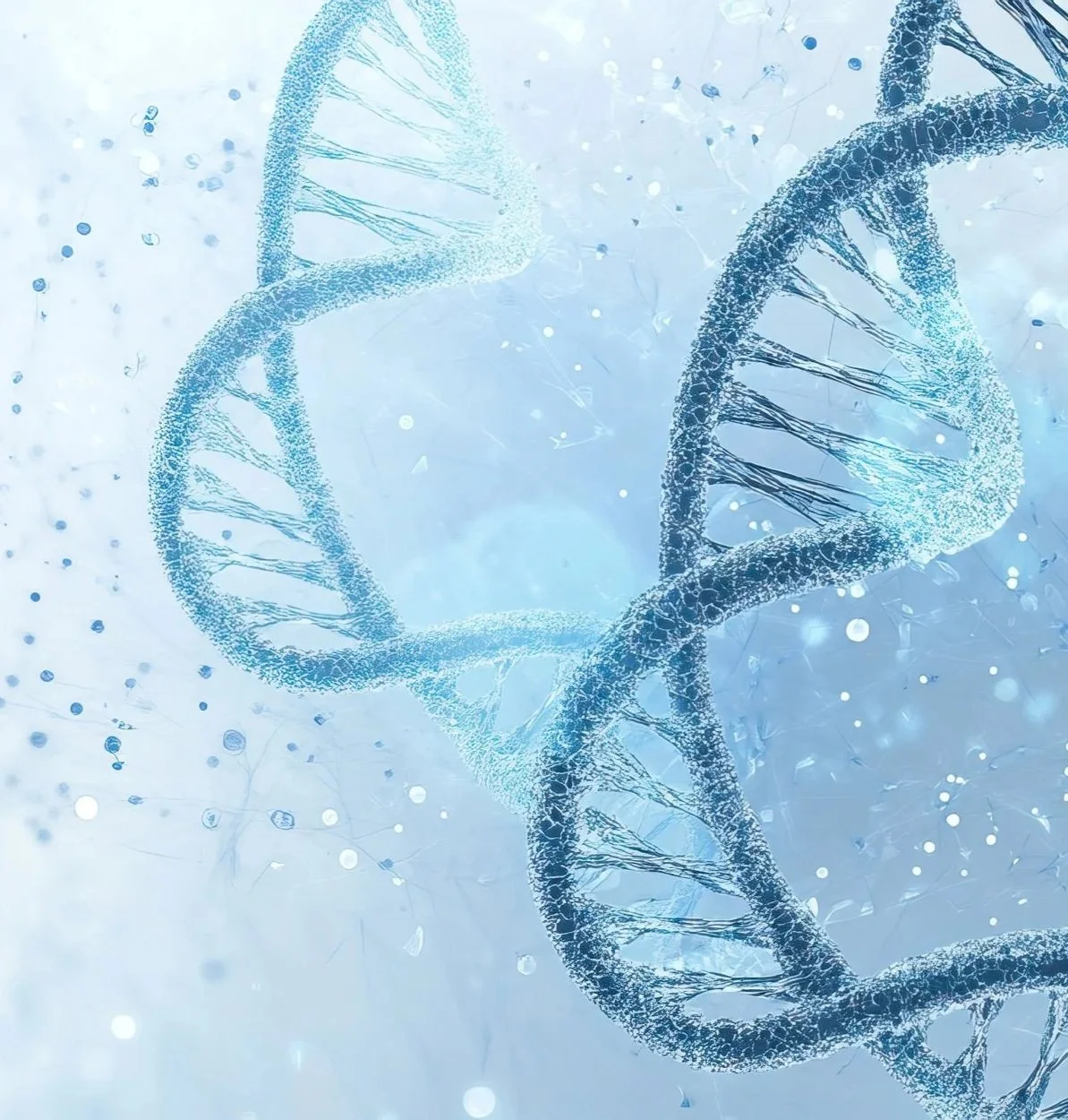 A digital illustration of a DNA double helix strand in shades of blue, set against a light blue background with abstract light spots and textures.