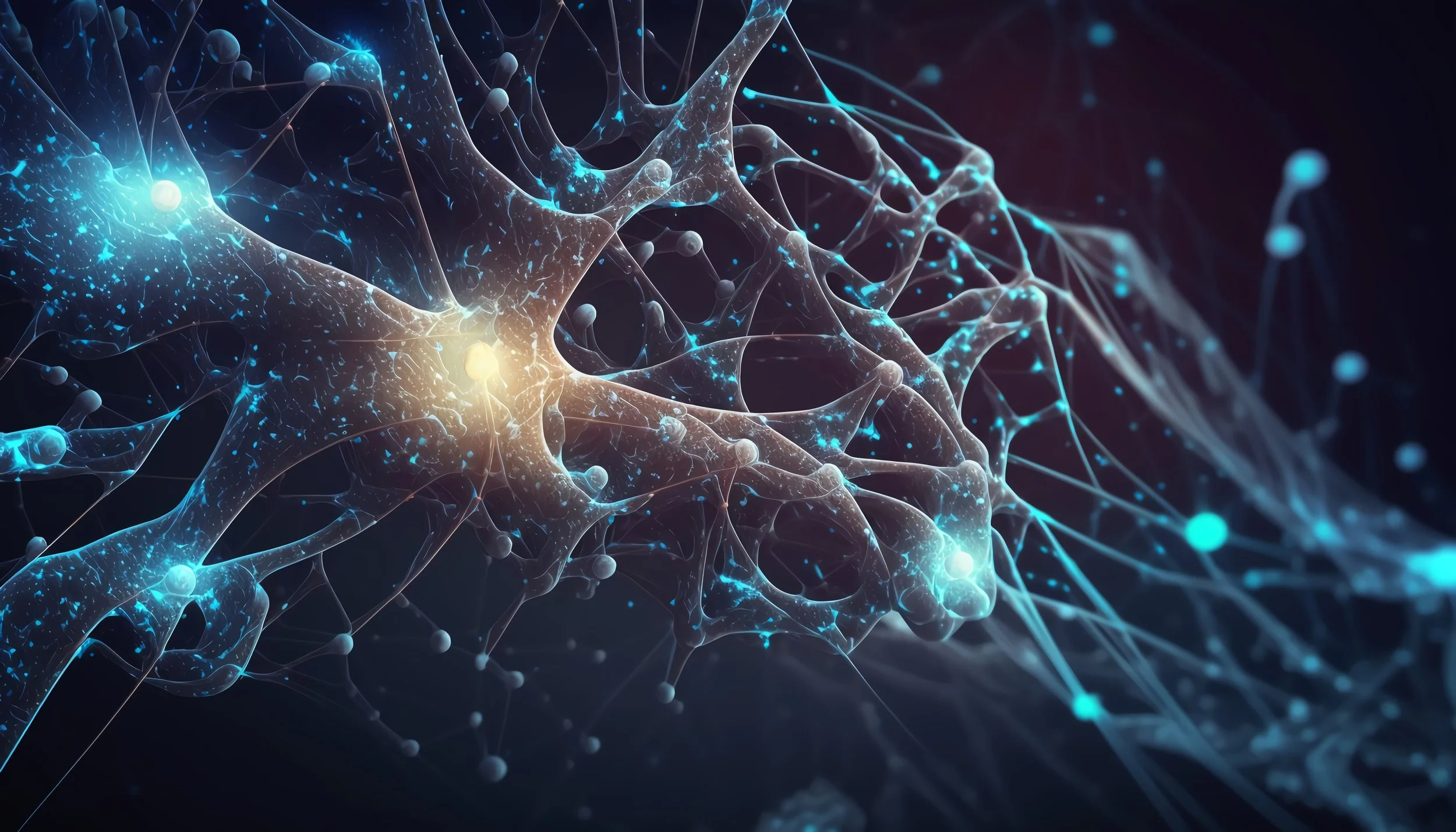 A digital illustration of neurons with interconnected glowing nodes and synapses in shades of blue and white against a dark background.