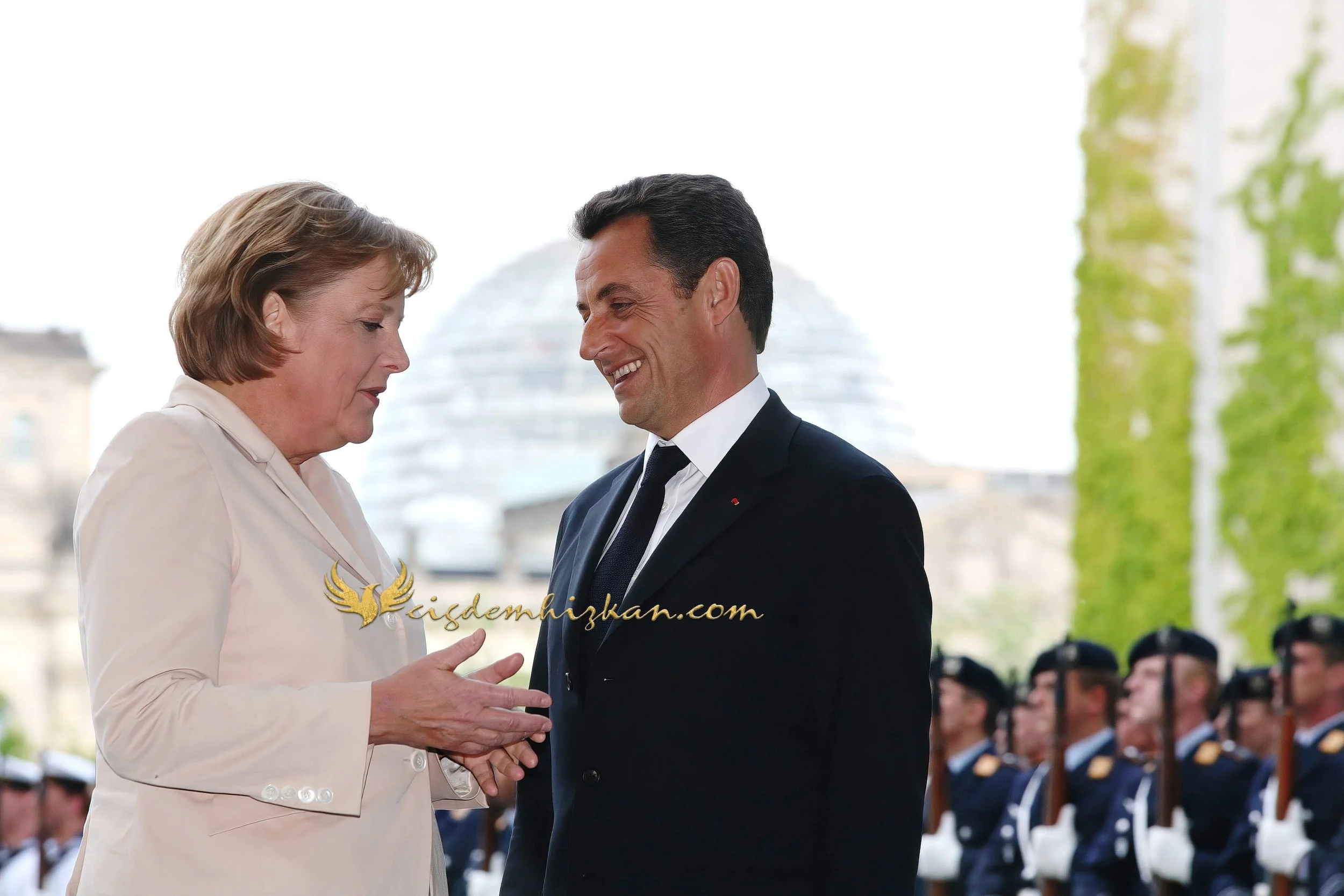 Chancellor Angela Merkel and President Nicolas Sarkozy - Berlin Bundestag 2007 - "Merkozy": Franco-German Relations - Sarkozy's inaugural visit to Berlin - Military Ceremony