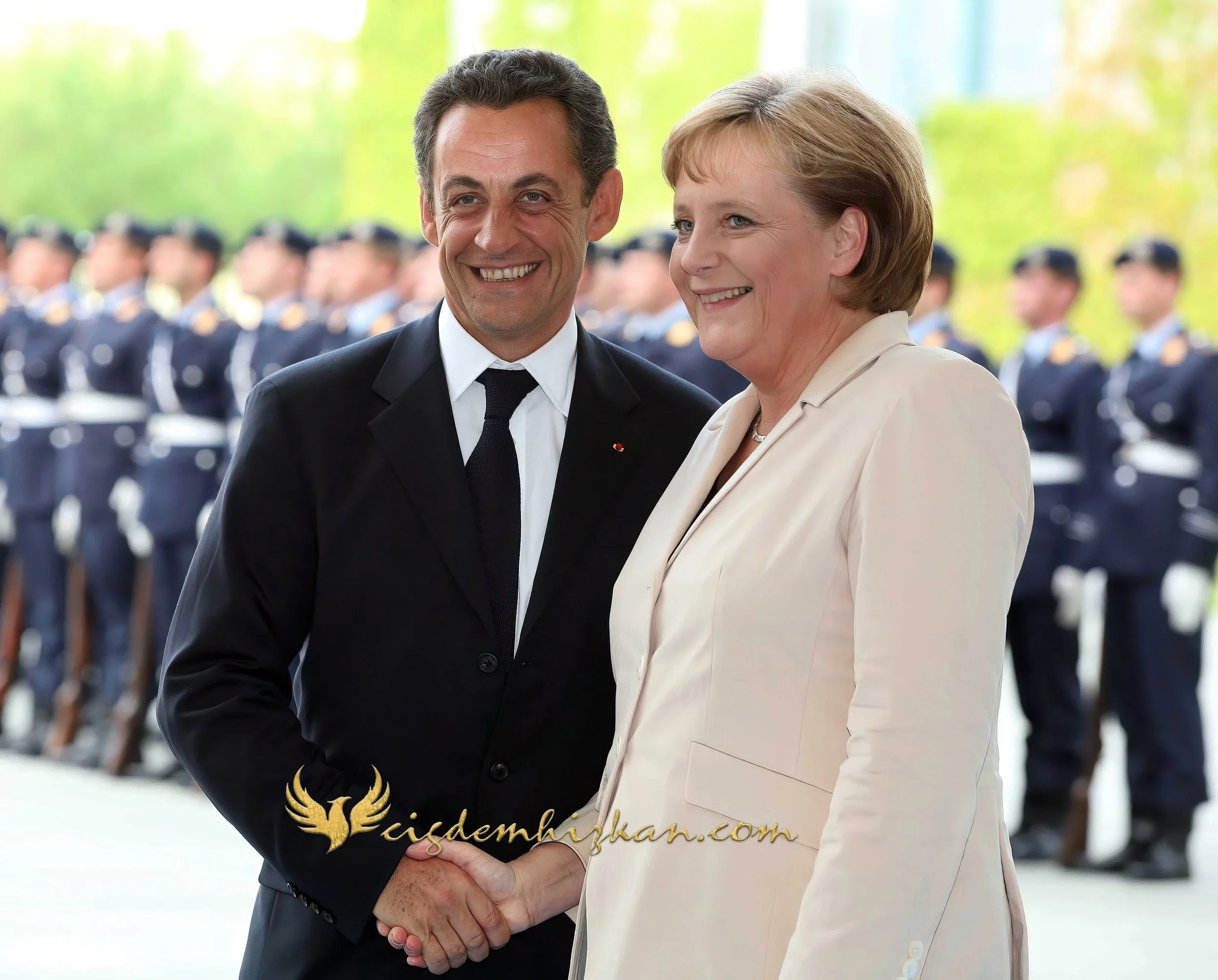 Chancellor Angela Merkel and President Nicolas Sarkozy - Berlin Bundestag 2007 - "Merkozy": Franco-German Relations - Sarkozy's inaugural visit to Berlin - Military Ceremony