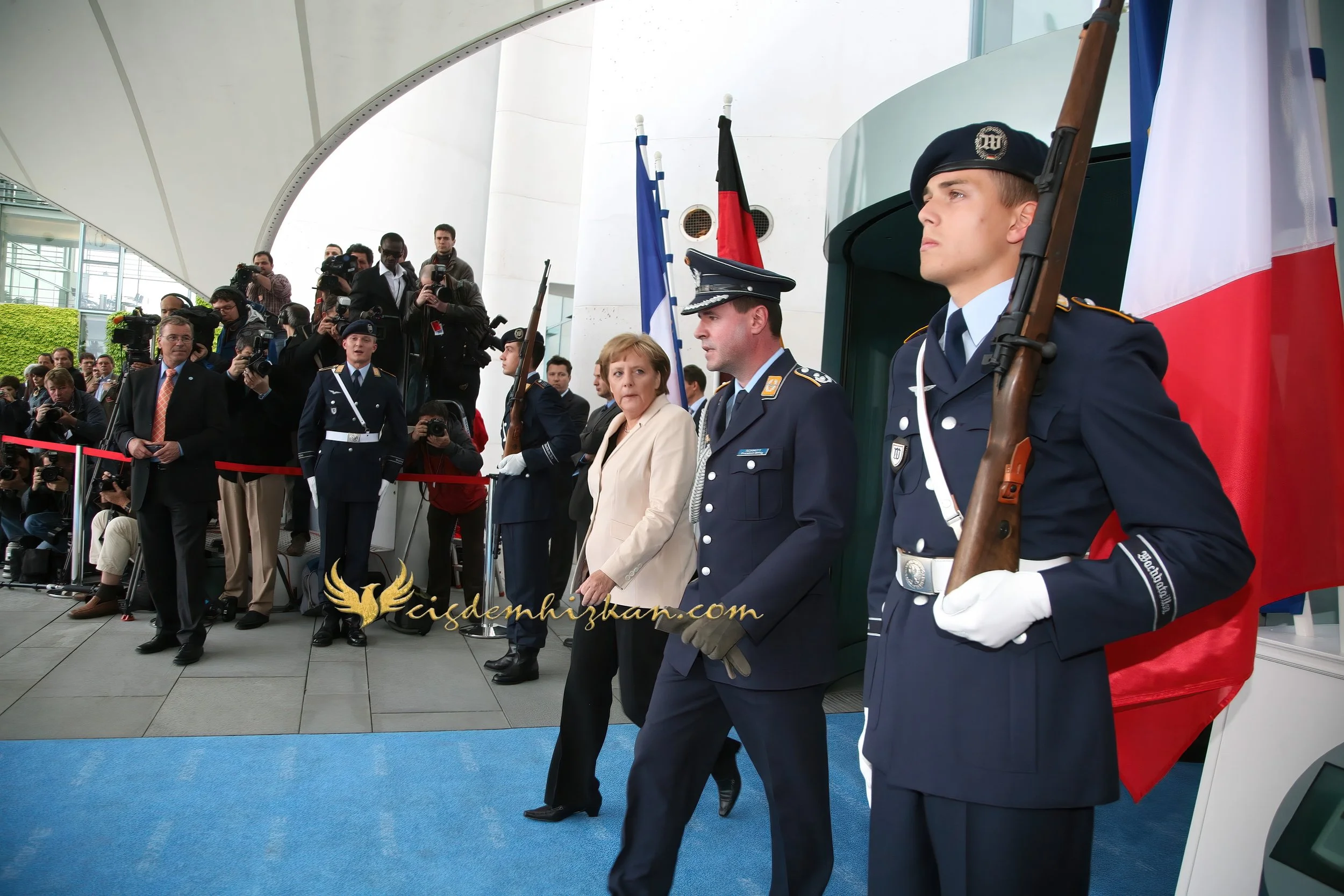 Chancellor Angela Merkel and President Nicolas Sarkozy - Berlin Bundestag 2007 - "Merkozy": Franco-German Relations - Sarkozy's inaugural visit to Berlin - Military Ceremony