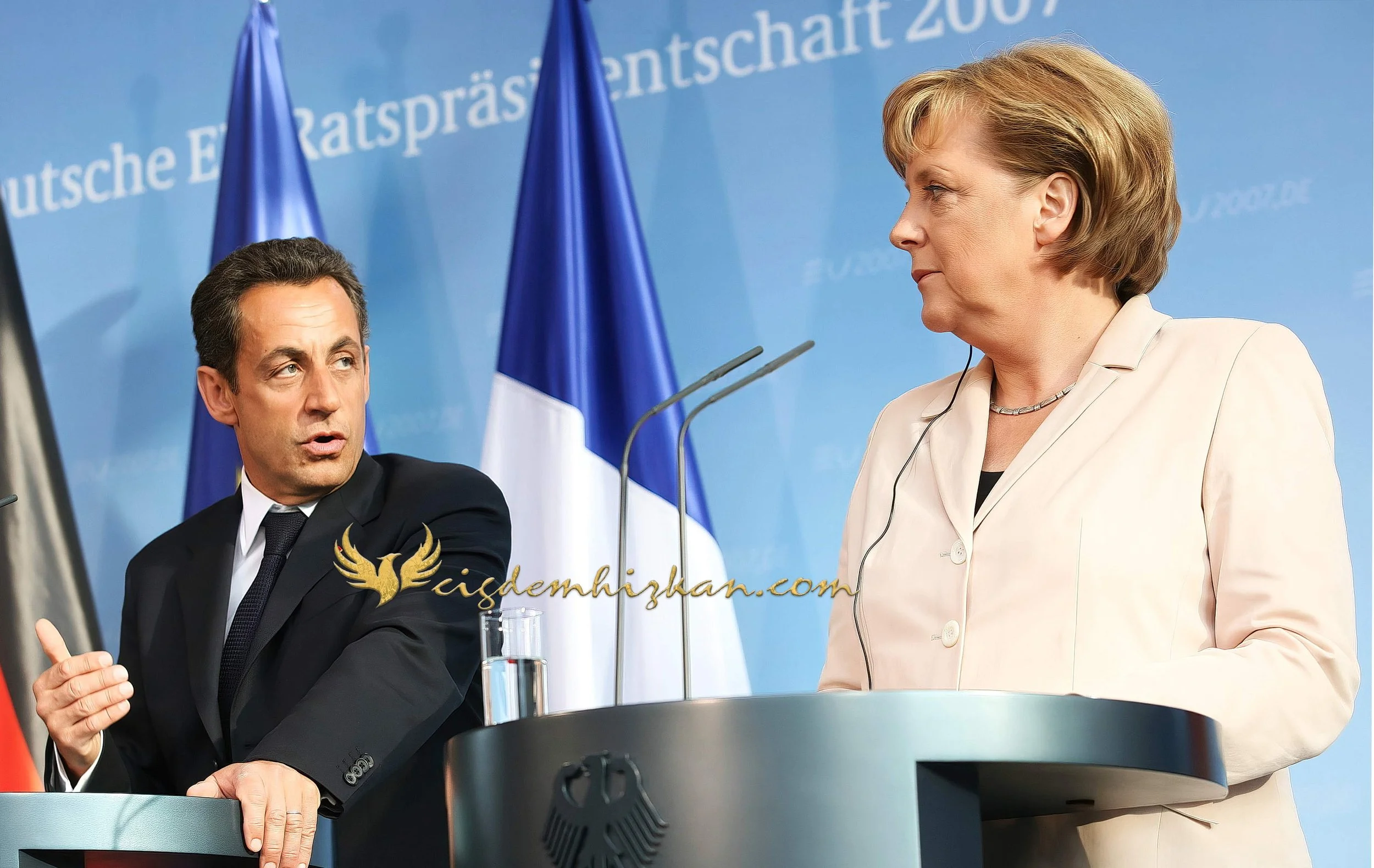 Chancellor Angela Merkel and President Nicolas Sarkozy - Berlin Bundestag 2007 - "Merkozy": Franco-German Relations - Sarkozy's inaugural visit to Berlin - Military Ceremony