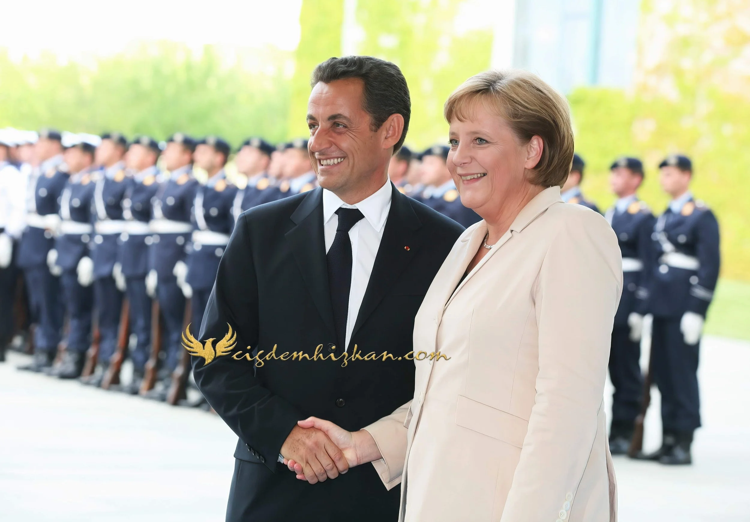 Chancellor Angela Merkel and President Nicolas Sarkozy - Berlin Bundestag 2007 - "Merkozy": Franco-German Relations - Sarkozy's inaugural visit to Berlin - Military Ceremony