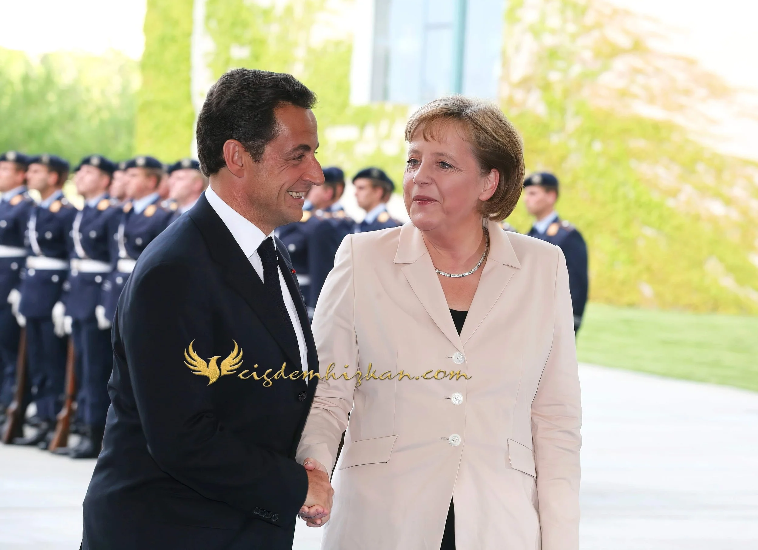 Chancellor Angela Merkel and President Nicolas Sarkozy - Berlin Bundestag 2007 - "Merkozy": Franco-German Relations - Sarkozy's inaugural visit to Berlin - Military Ceremony