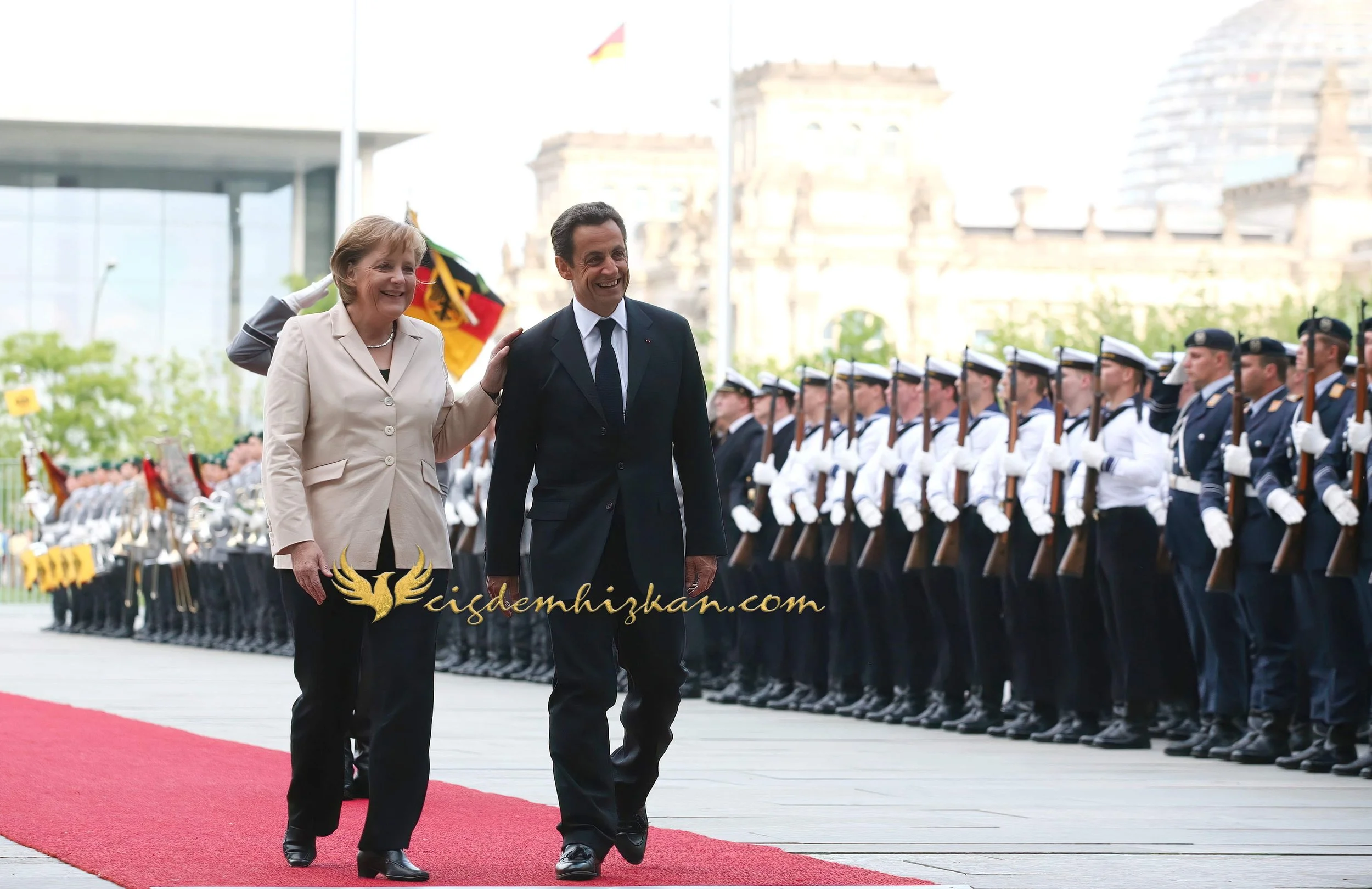 Chancellor Angela Merkel and President Nicolas Sarkozy - Berlin Bundestag 2007 - "Merkozy": Franco-German Relations - Sarkozy's inaugural visit to Berlin - Military Ceremony