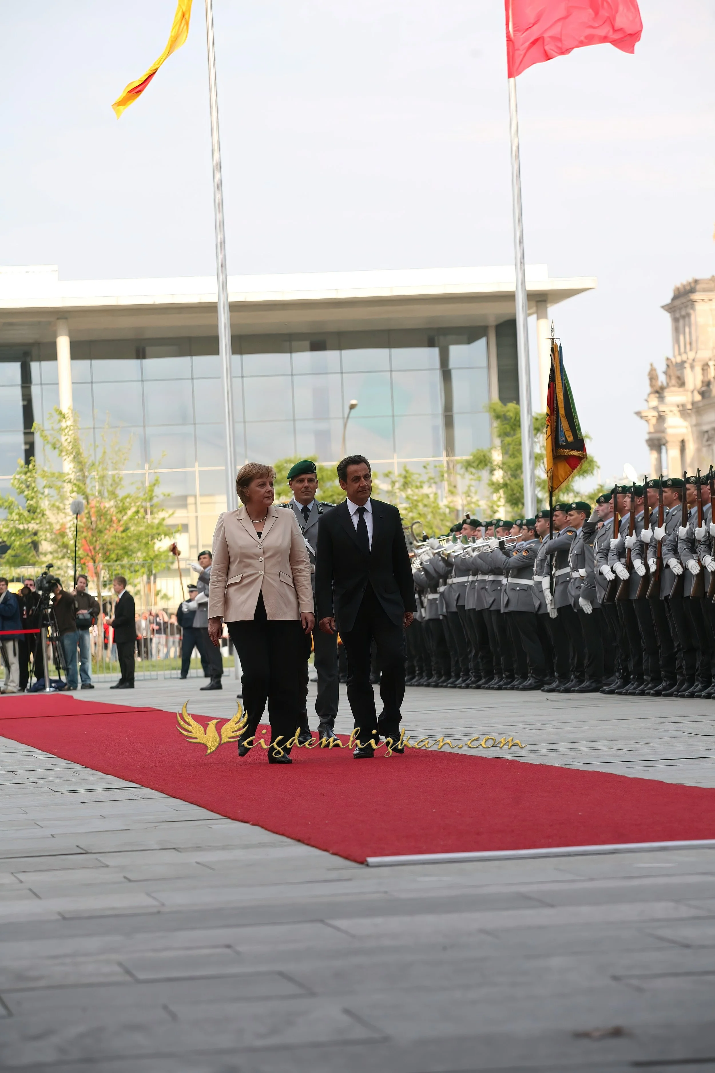Chancellor Angela Merkel and President Nicolas Sarkozy - Berlin Bundestag 2007 - "Merkozy": Franco-German Relations - Sarkozy's inaugural visit to Berlin - Military Ceremony