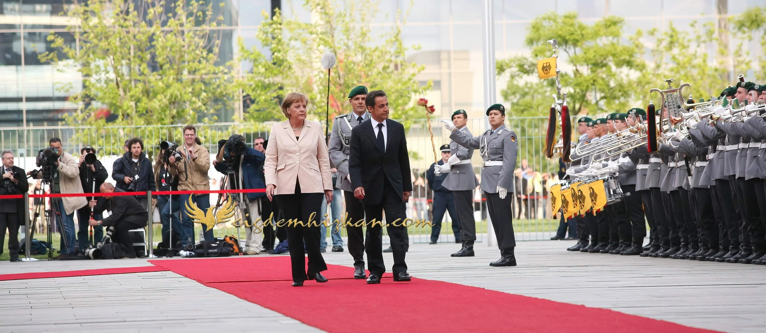 Chancellor Angela Merkel and President Nicolas Sarkozy - Berlin Bundestag 2007 - "Merkozy": Franco-German Relations - Sarkozy's inaugural visit to Berlin - Military Ceremony