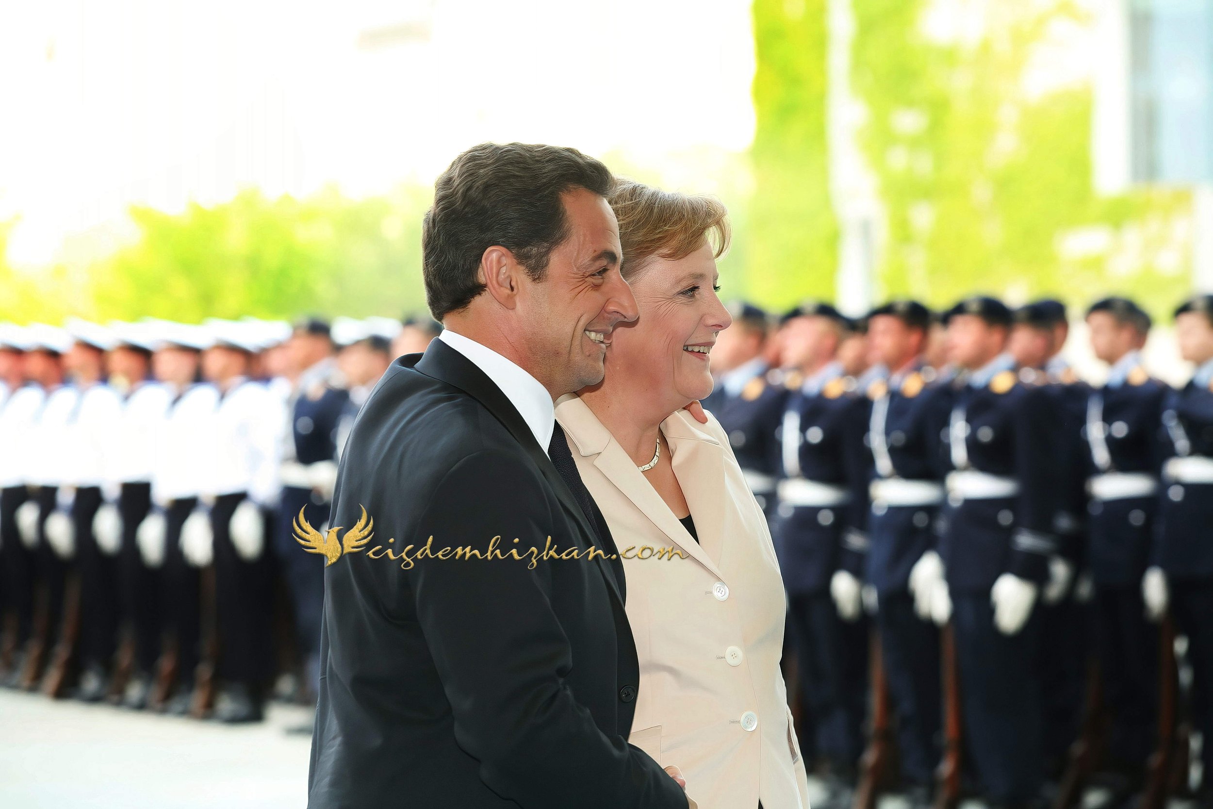 Chancellor Angela Merkel and President Nicolas Sarkozy - Berlin Bundestag 2007 - "Merkozy": Franco-German Relations - Sarkozy's inaugural visit to Berlin - Military Ceremony