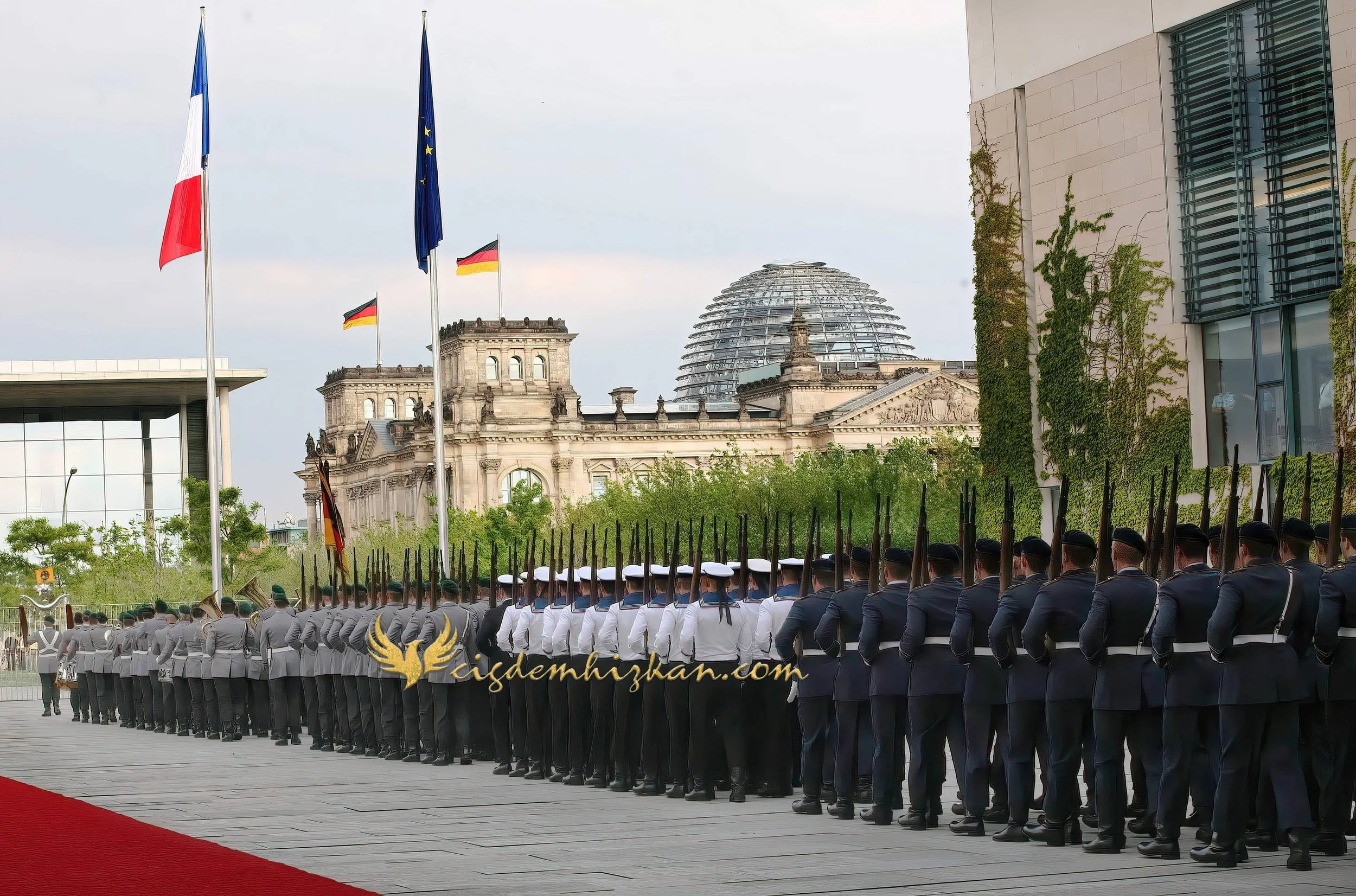 Chancellor Angela Merkel and President Nicolas Sarkozy - Berlin Bundestag 2007 - "Merkozy": Franco-German Relations - Sarkozy's inaugural visit to Berlin - Military Ceremony

