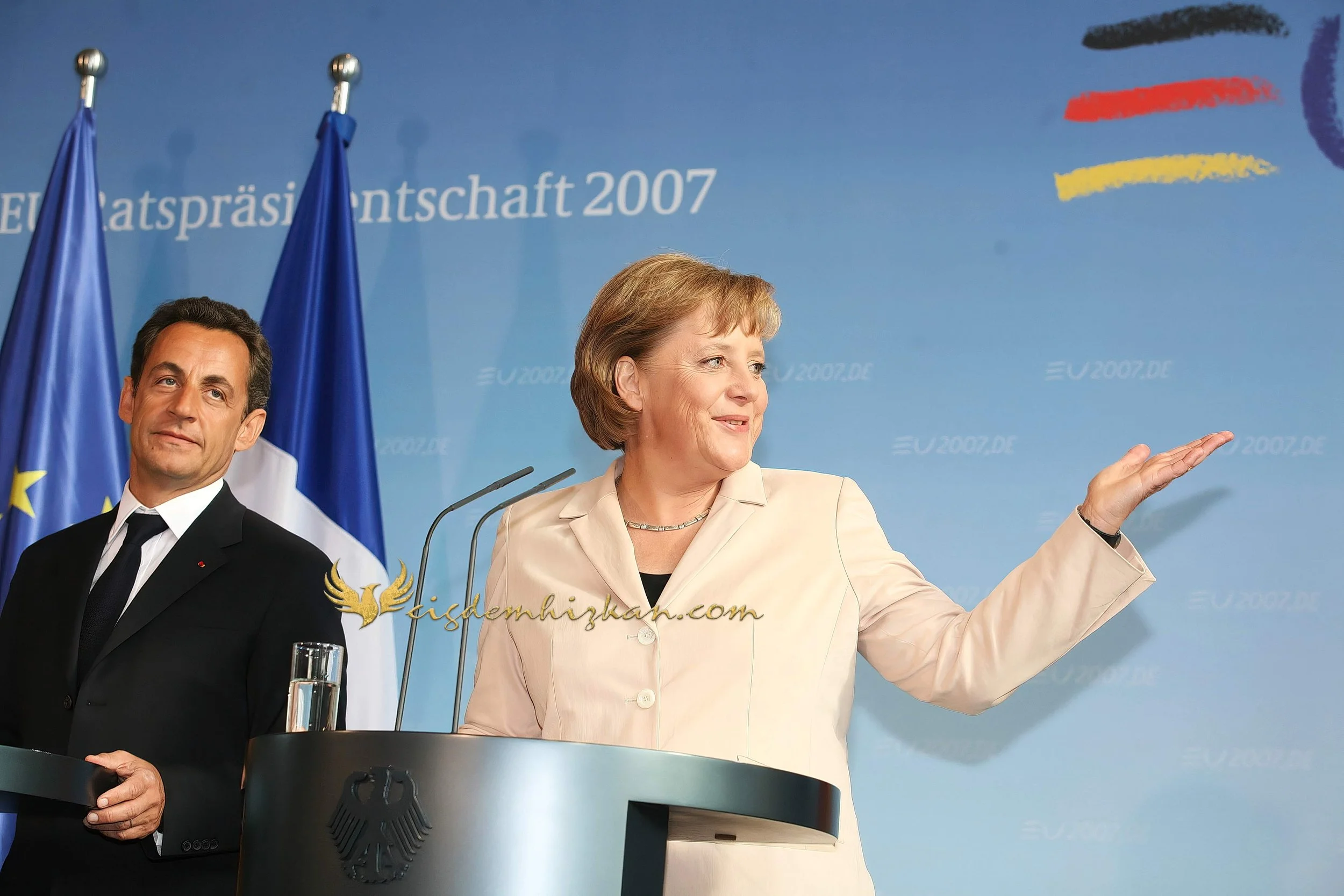 Chancellor Angela Merkel and President Nicolas Sarkozy - Berlin Bundestag 2007 - "Merkozy": Franco-German Relations - Sarkozy's inaugural visit to Berlin - Military Ceremony