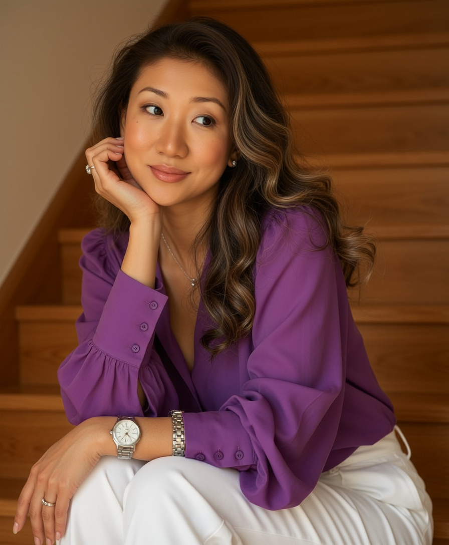A woman sitting on wooden stairs, wearing a purple blouse and white pants, resting her head on her hand and smiling.