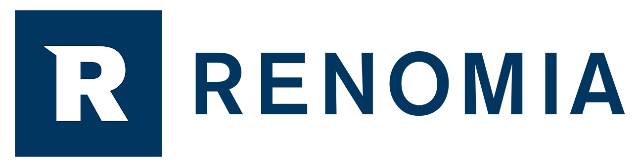 Renomia logo with a blue square containing a black letter R and the company name in black