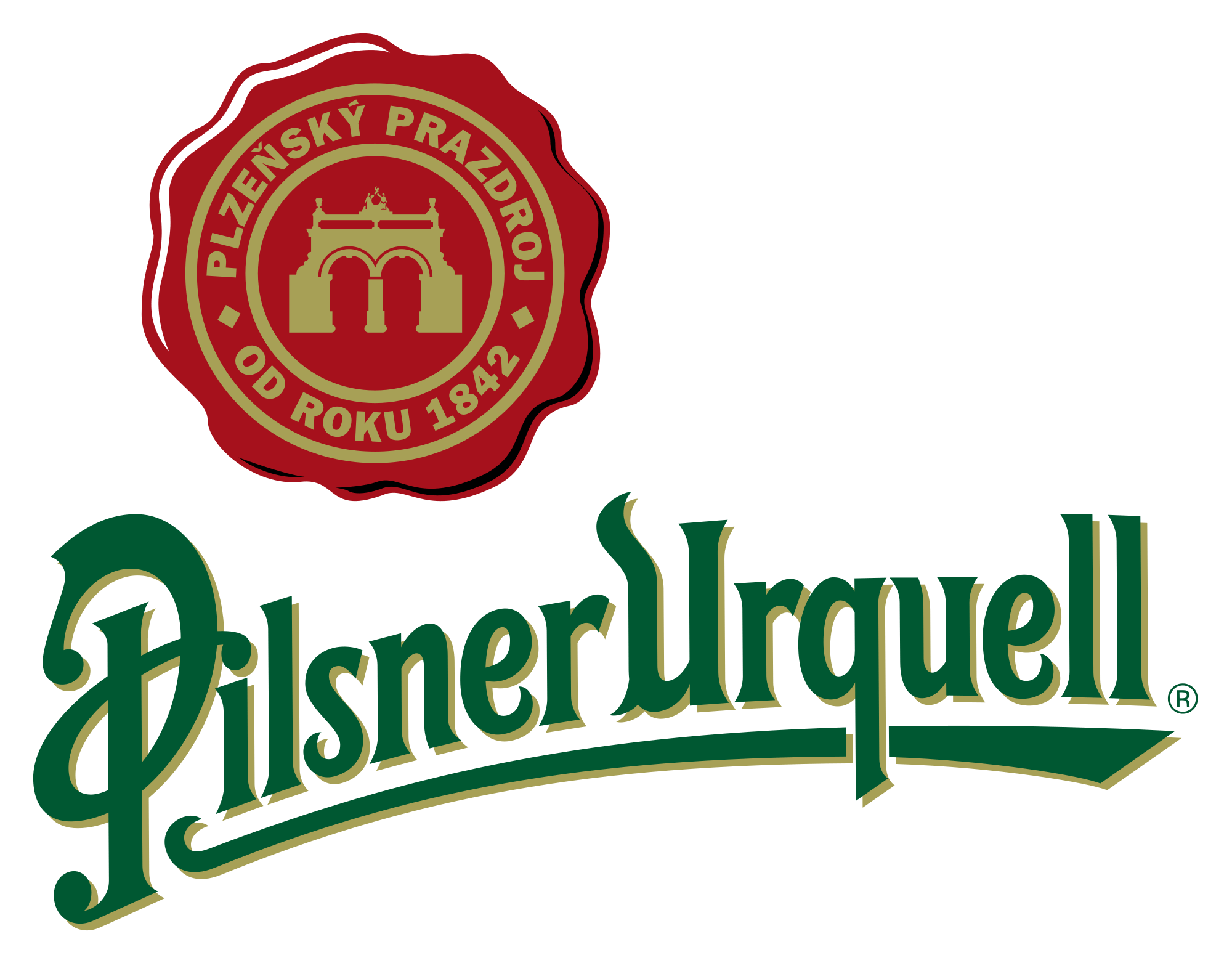 A logo of a historic red seal with an image of a bridge, with the text "PLZEŇSKÝ PRAZDROJ OD ROKU 1842" written around it. The logo is part of a larger design that includes the word "Pilsner" in stylized green text.