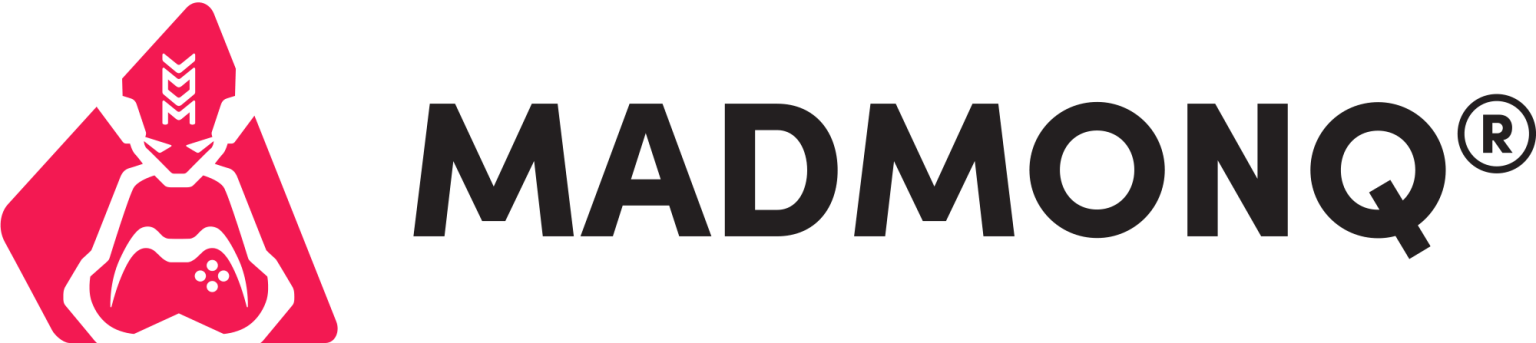 Logo of MadMonq featuring a stylized insect face in pink and black with the brand name 'MADMONQ' in bold black letters.