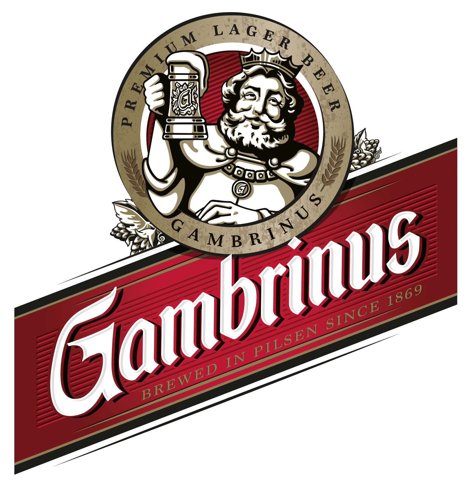 Logo for Samuel Adams beer featuring a bearded man with a crown holding a mug of beer, with the text "Premium Lager Beer" and "Brewed in Pilsen since 1869" on a red banner.