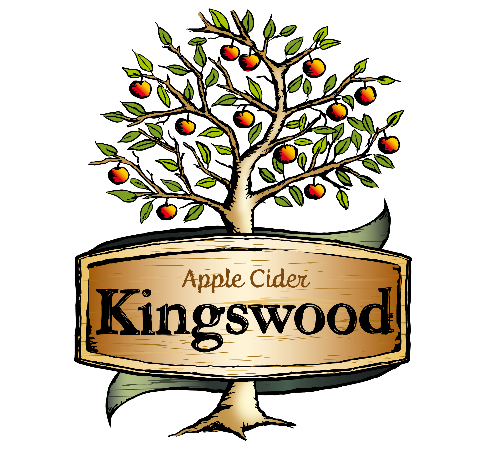 Illustration of a tree with green leaves and red and yellow apples, wooden sign at the base reading "Apple Cider" and "Kingswood" on a black background.