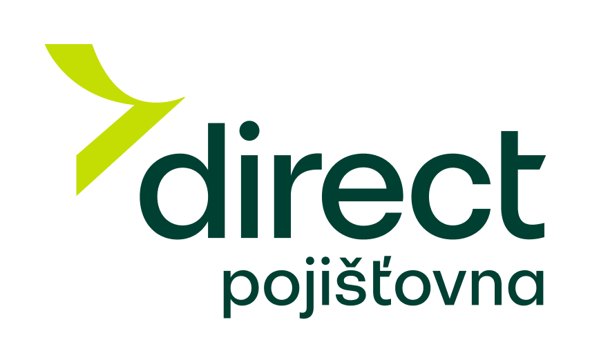 Logo featuring a stylized green leaf-like design next to the words 'direct pojištovna' in dark green letters.