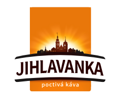 Logo of Jihlavanka coffee featuring silhouettes of two church towers against an orange background with a radiant sun, and the brand name 'Jihlavanka' along with the words 'poctivá káva' (honest coffee).