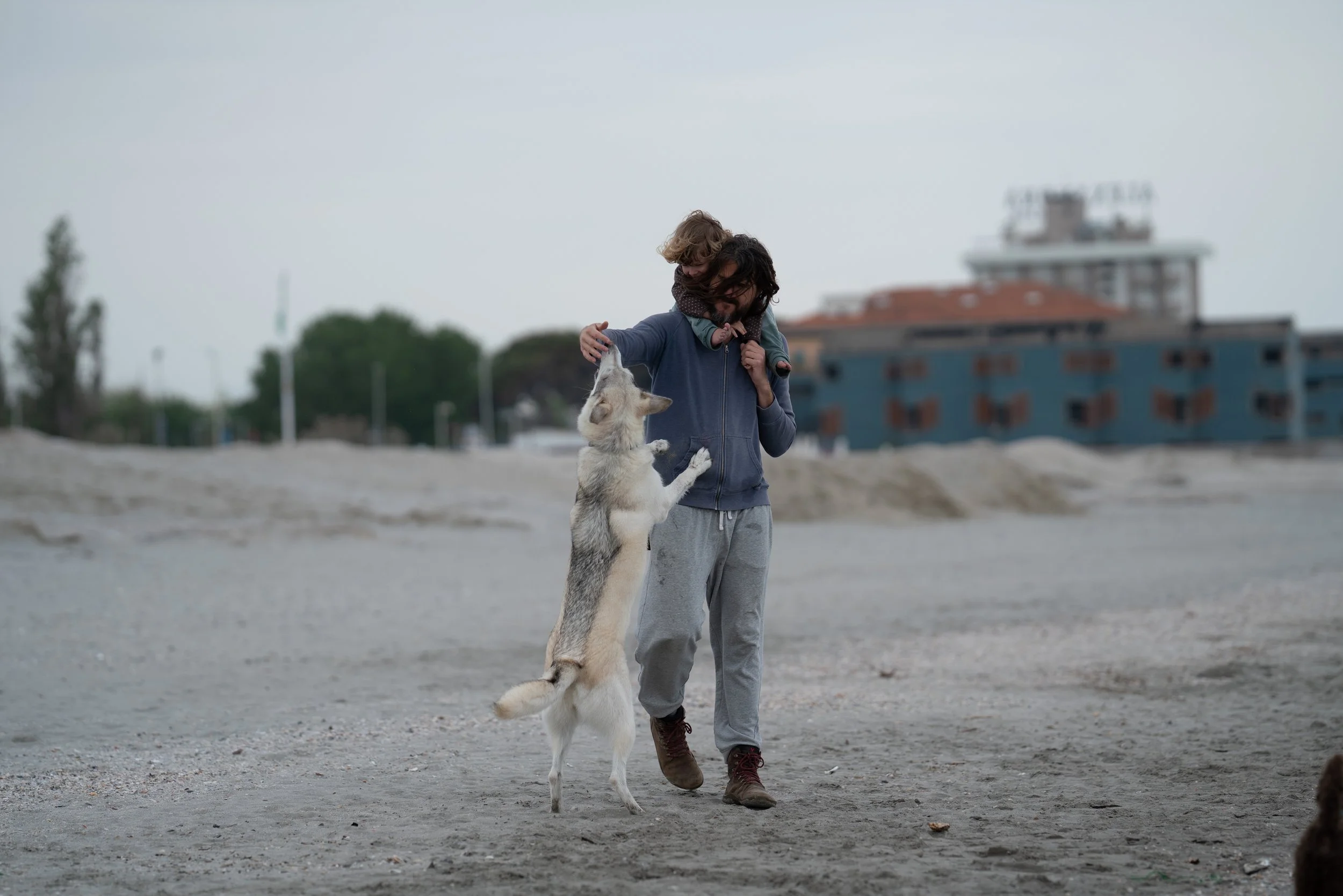 Ein Mann mit langem Haar, der einen Hund am Strand streichelt, während ein Kind auf seinen Schultern sitzt, bei windigem Wetter.